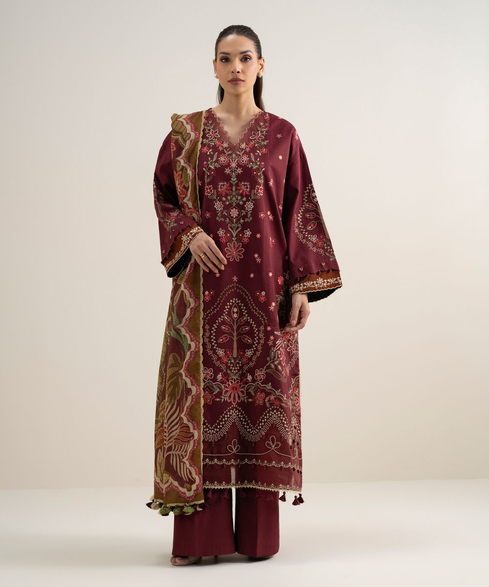 Women's Unstitched Dobby Embroidered Maroon 3 Piece Suit