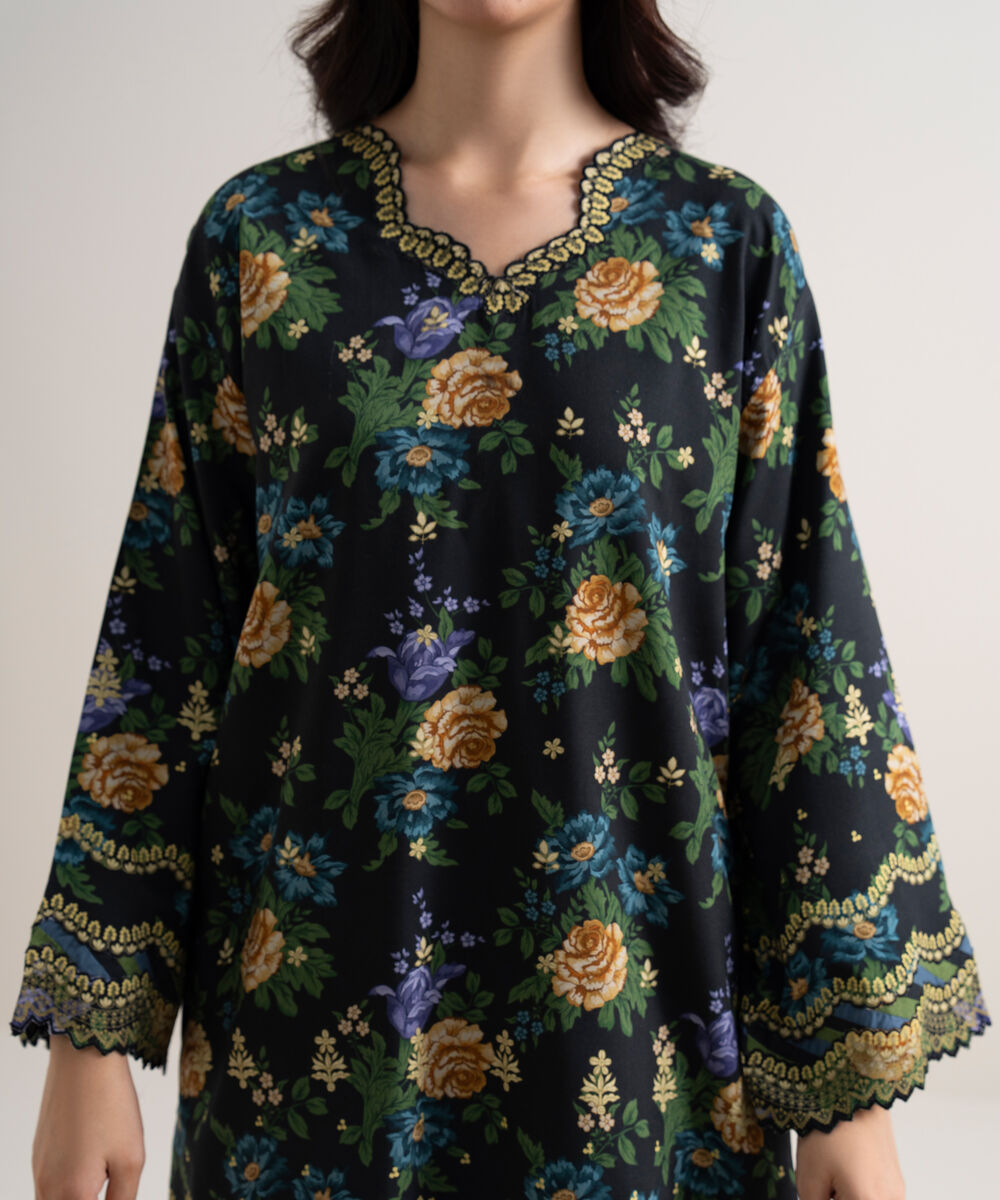 Women's Unstitched Arabic Lawn Printed Black