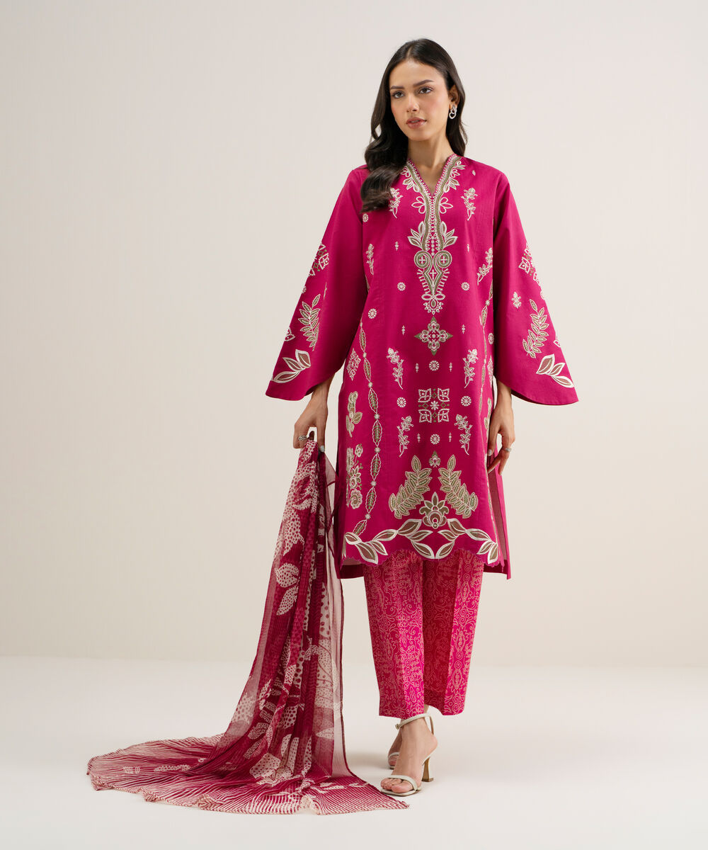Women's Unstitched Textured Lawn Embroidered Red 3 Piece Suit