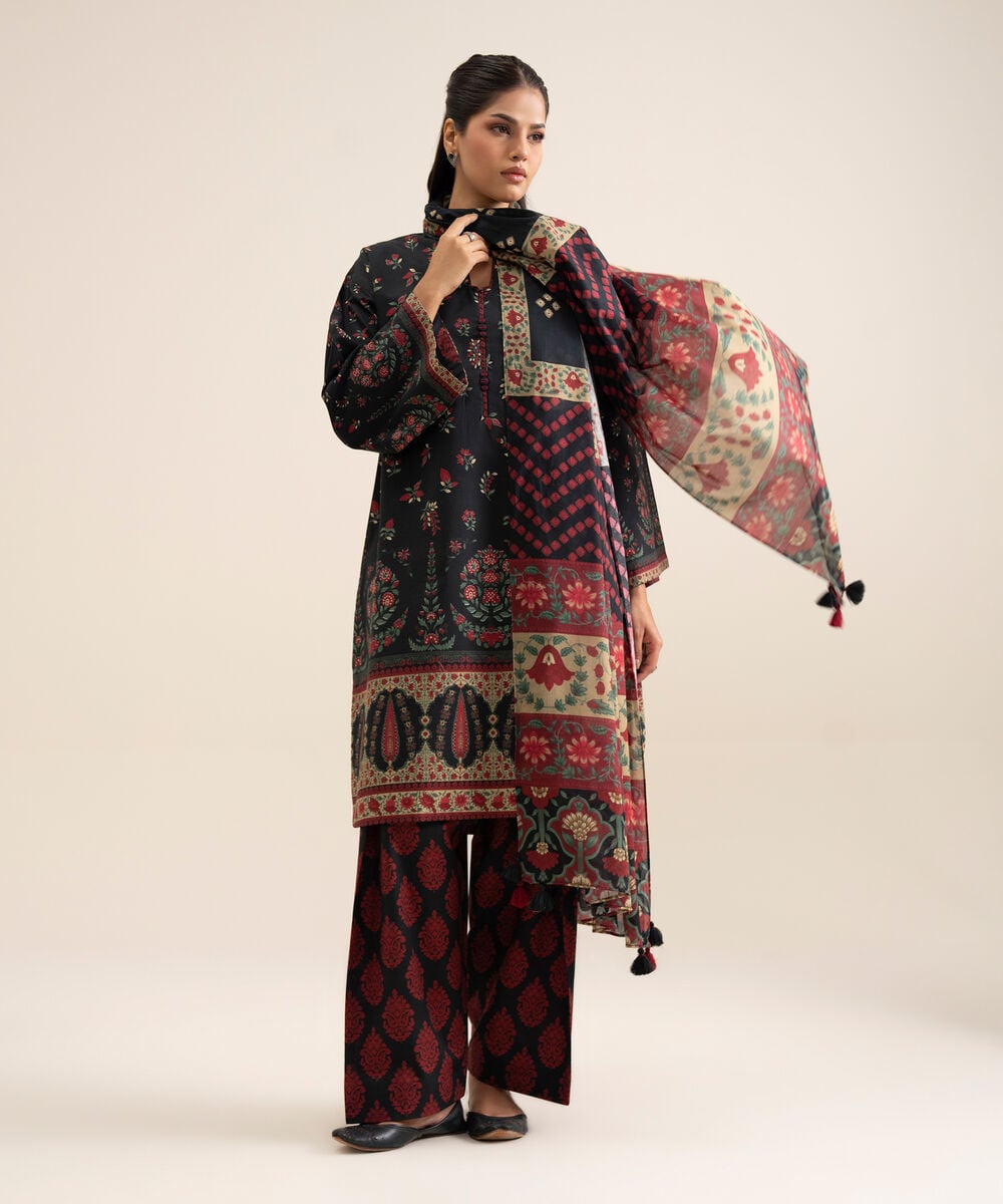 Women's Unstitched Premium Khaddar Printed Black 3 Piece Suit