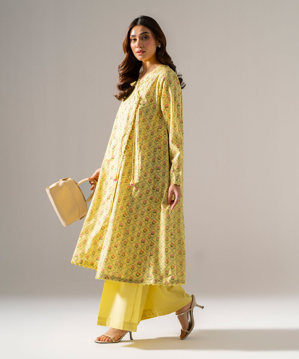 Women's RTW Cambric Printed Pale Yellow Angrakha