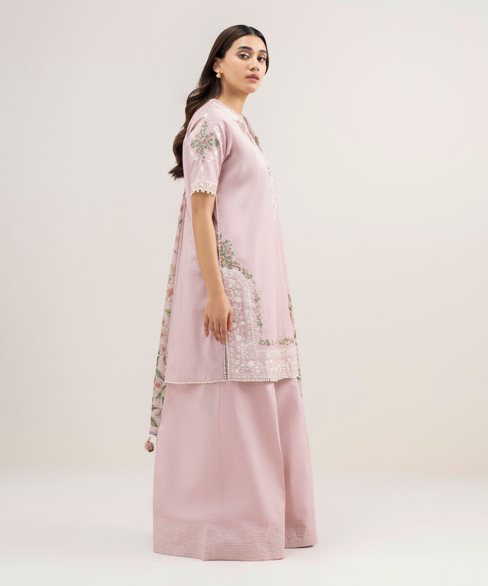 Women's Unstitched Textured Lawn Embroidered Pink 3 Piece Suit