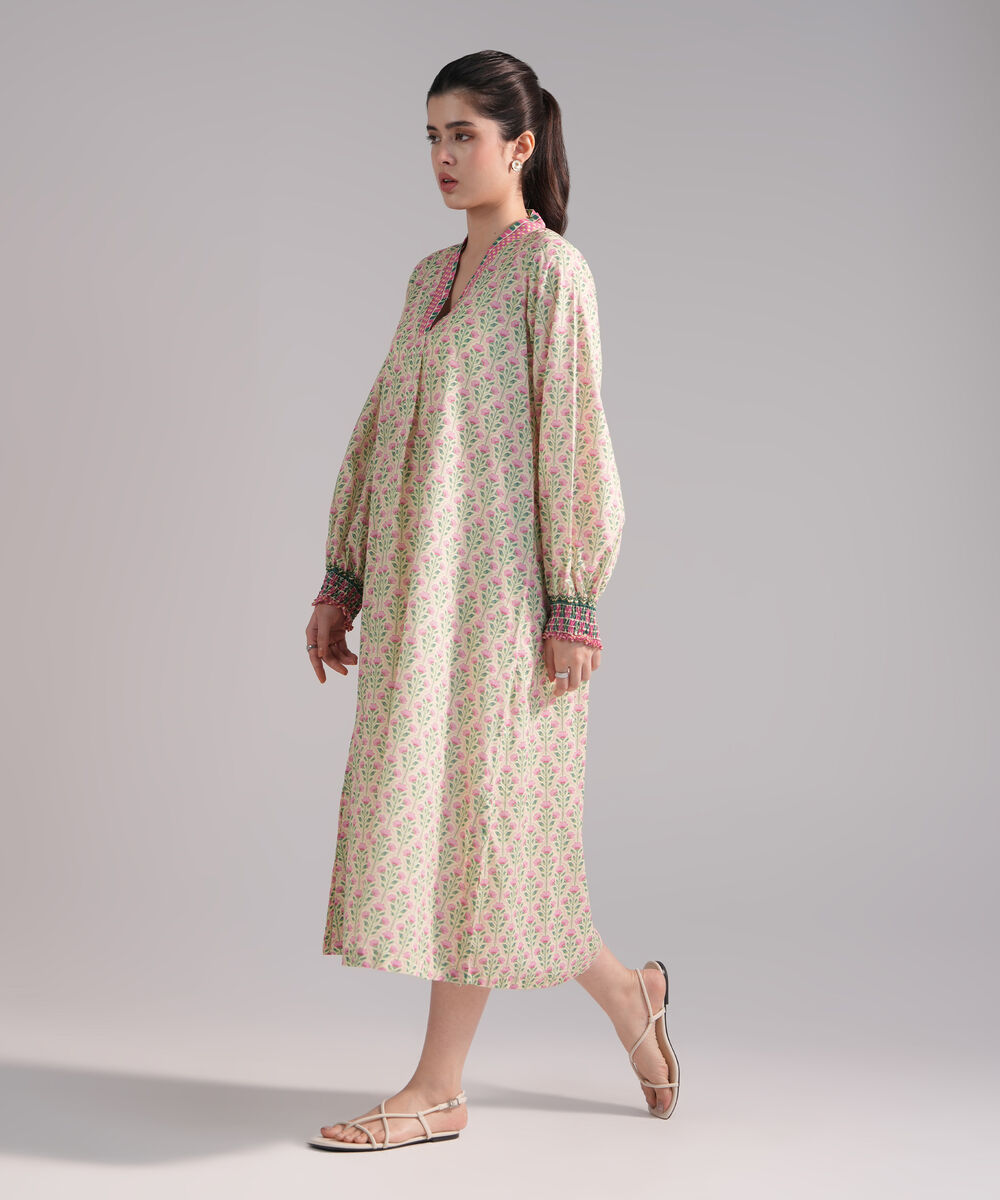 Women's RTW Slub Lawn Printed Pale Yellow Dress Shirt