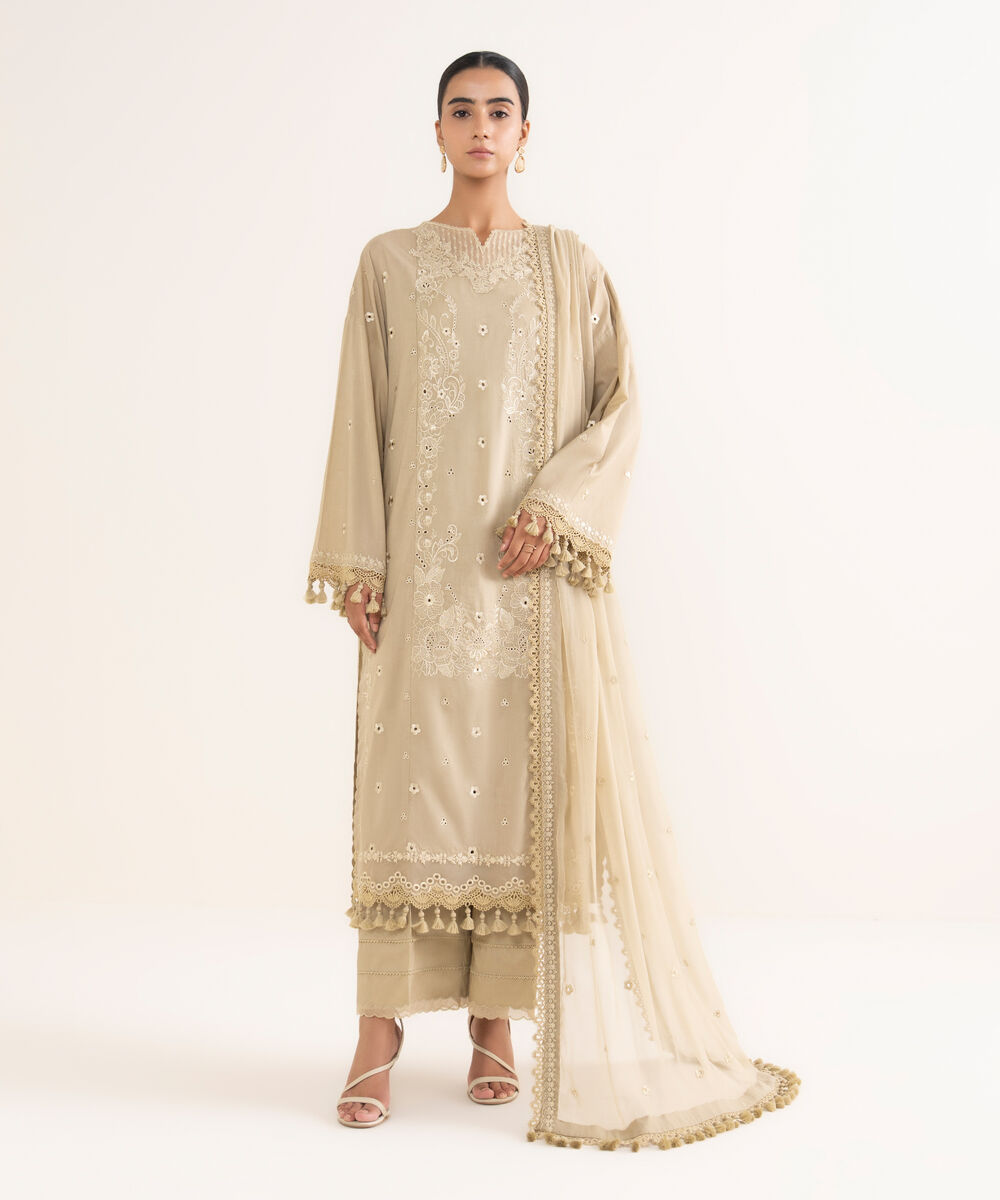 Women's Unstitched Lawn Embroidered Beige 3 Piece Suit