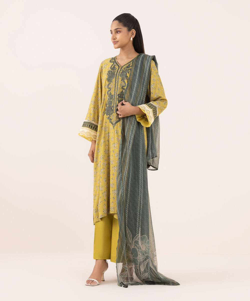 Women's RTW Arabic Lawn Yellow Embroidered A-Line Shirt