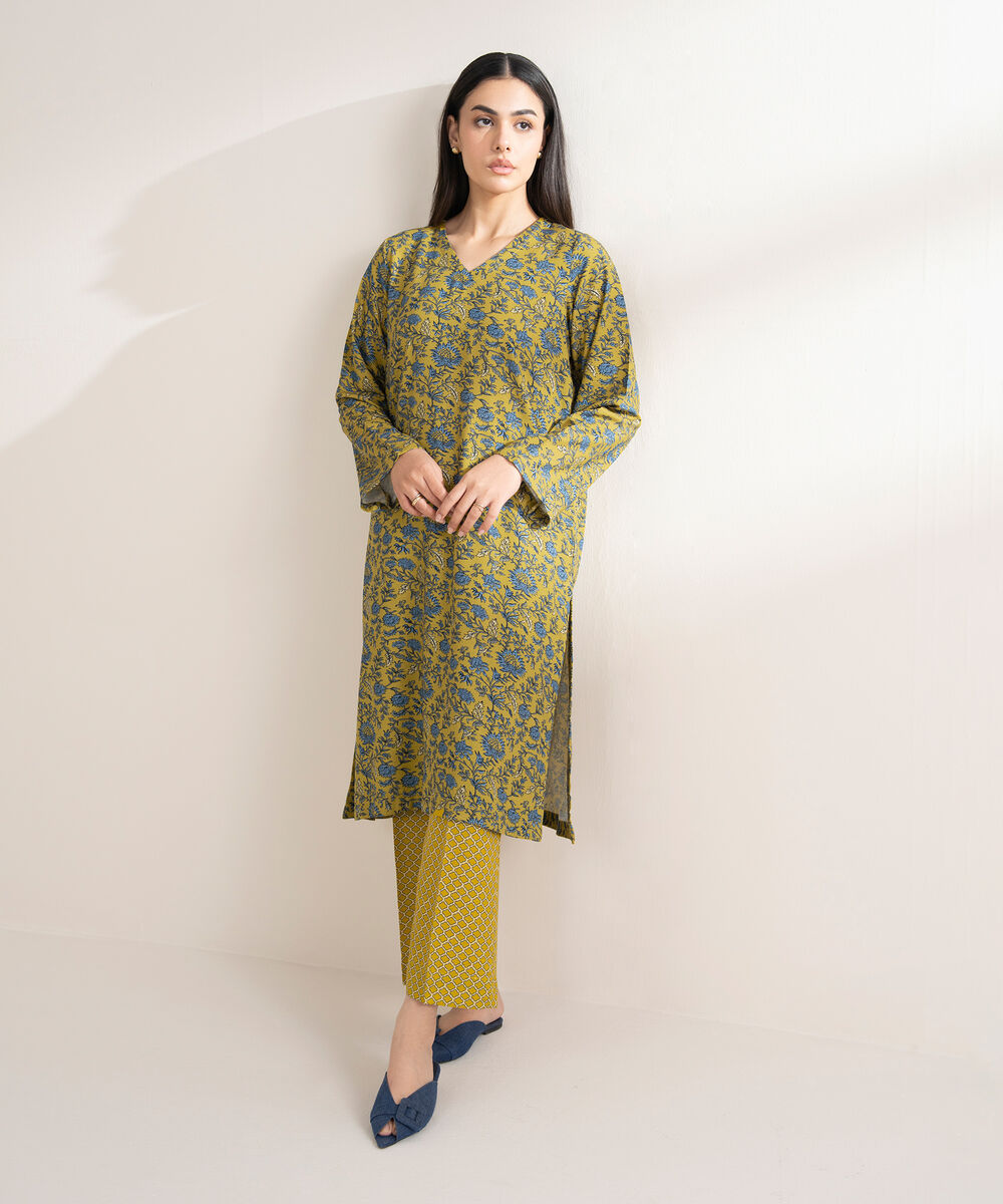 Women's RTW Arabic Khaddar Printed Straight Olive Yellow Shirt