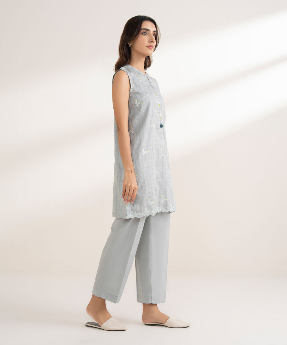 Women's RTW Textured Cotton Embroidered Straight Grey Shirt