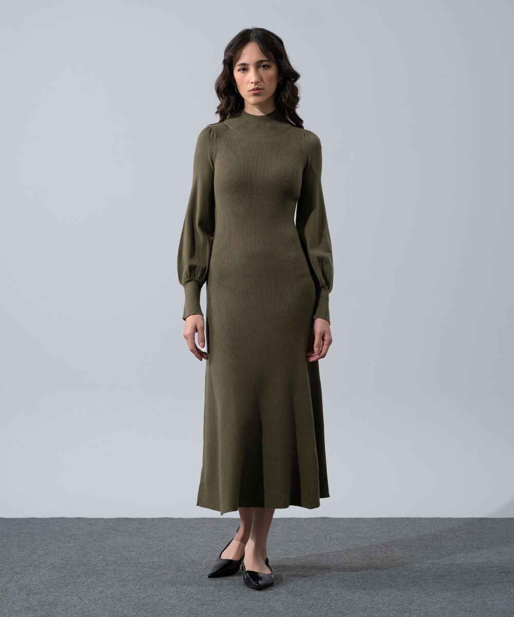 Women's Western Wear Green Ribbed Knit Dress