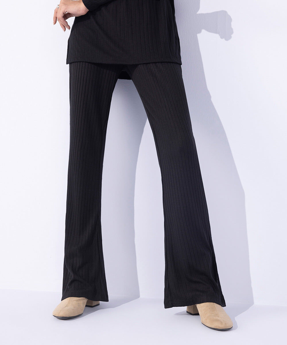 Woman - Black Ribbed Flared Trousers