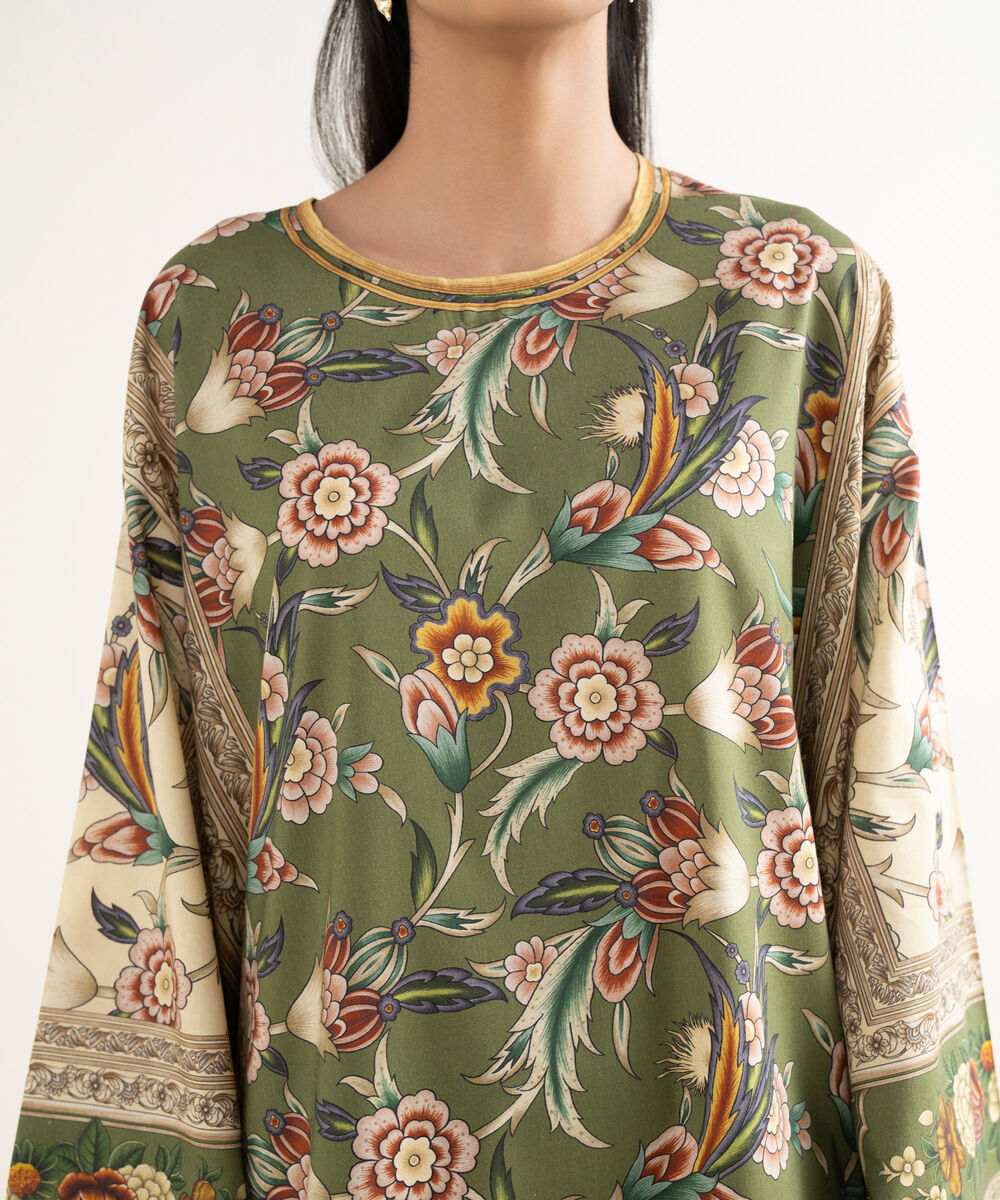 Women's RTW Cotton Viscose Printed Straight Green Shirt