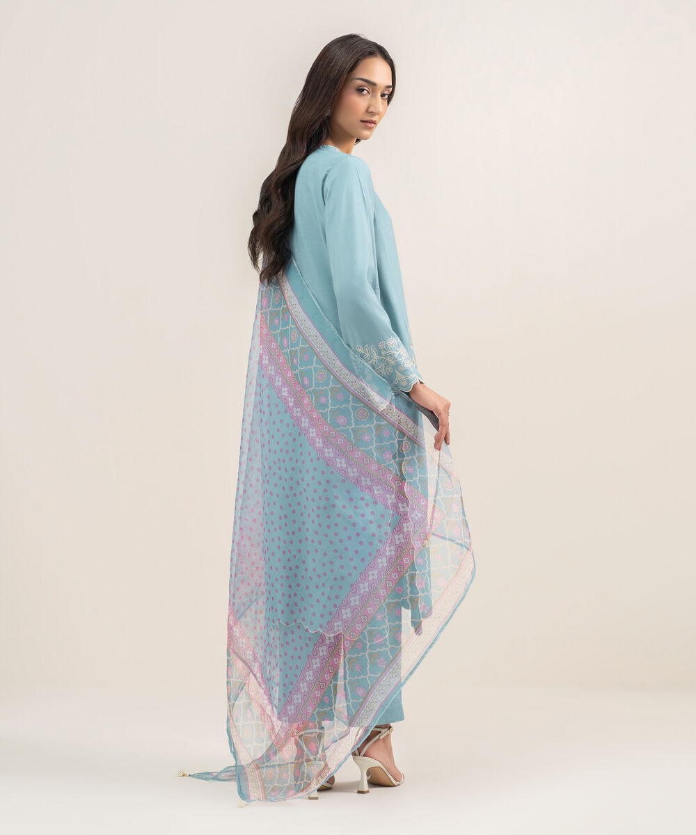 Women's RTW Viscose Raw Silk Embroidered Blue 3 Piece Suit