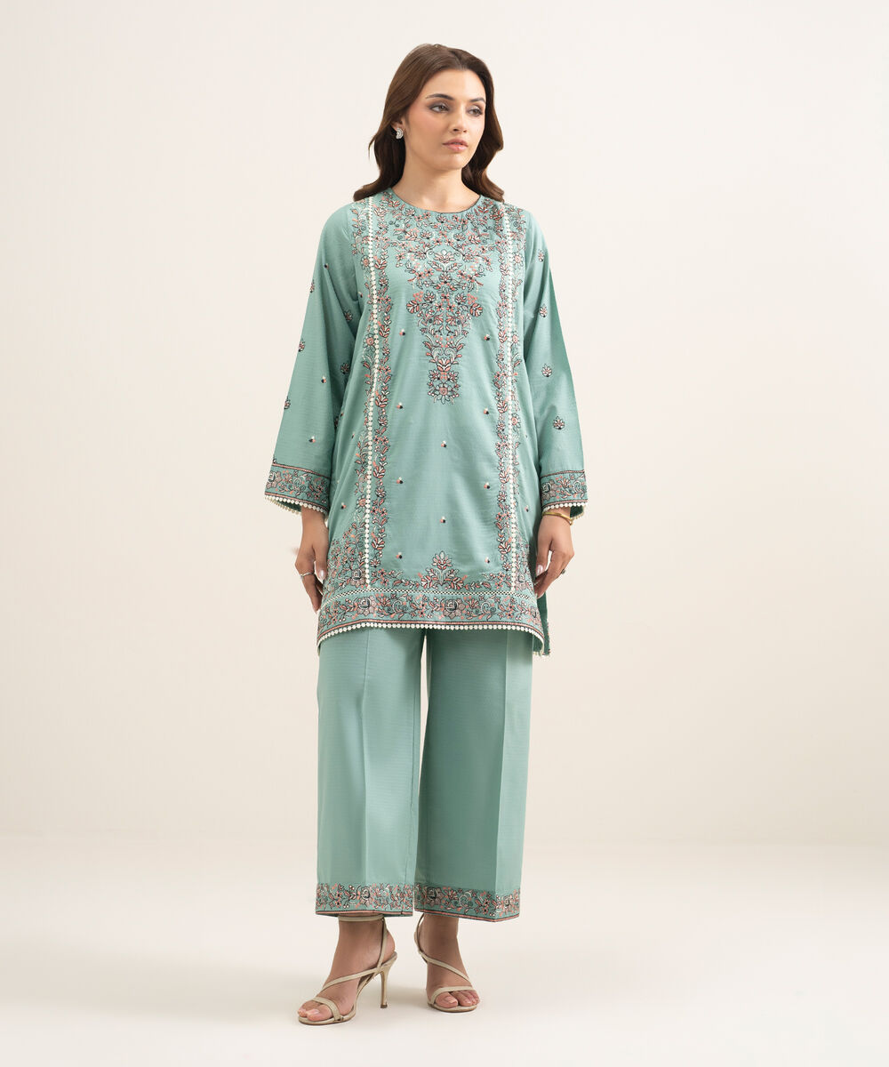 Women's RTW Dobby Embroidered Green A-Line Shirt