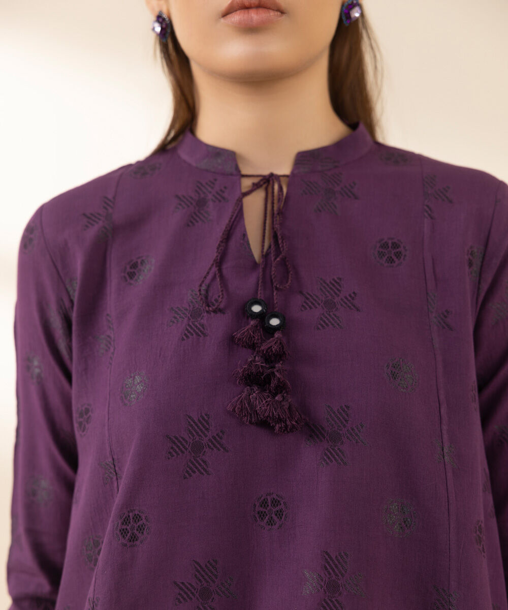 Unstitched Women's Printed Extra Weft Jacquard Purple Three Piece Suit