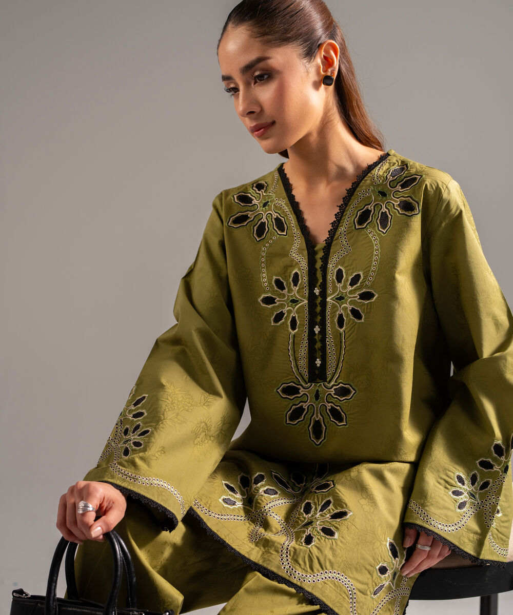 Women's RTW Self Jacquard Embroidered Olive Green 2 Piece Suit