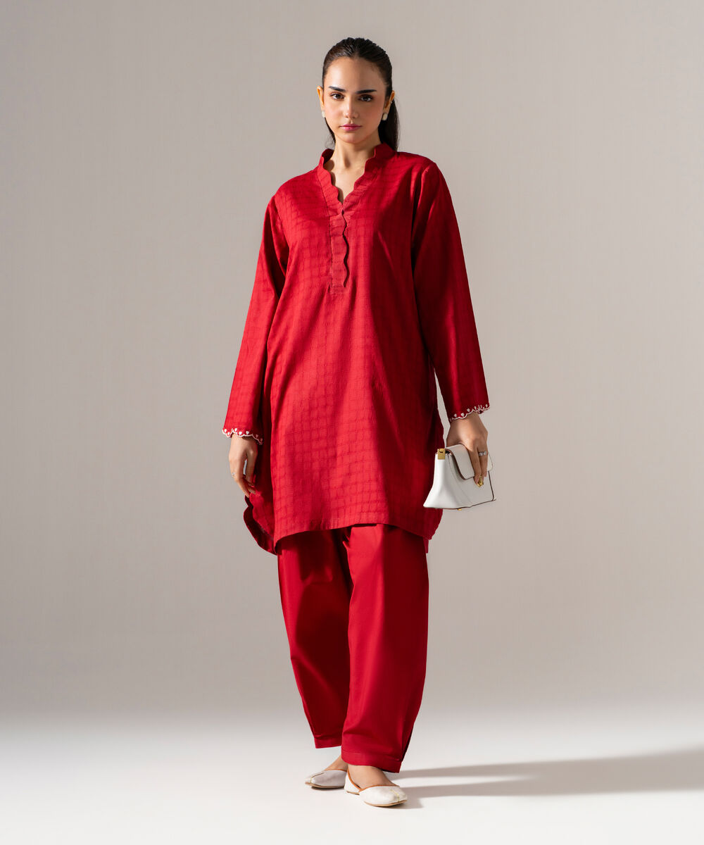 Women's RTW 3D dobby Solid Embroidered Maroon Flared A-Line
