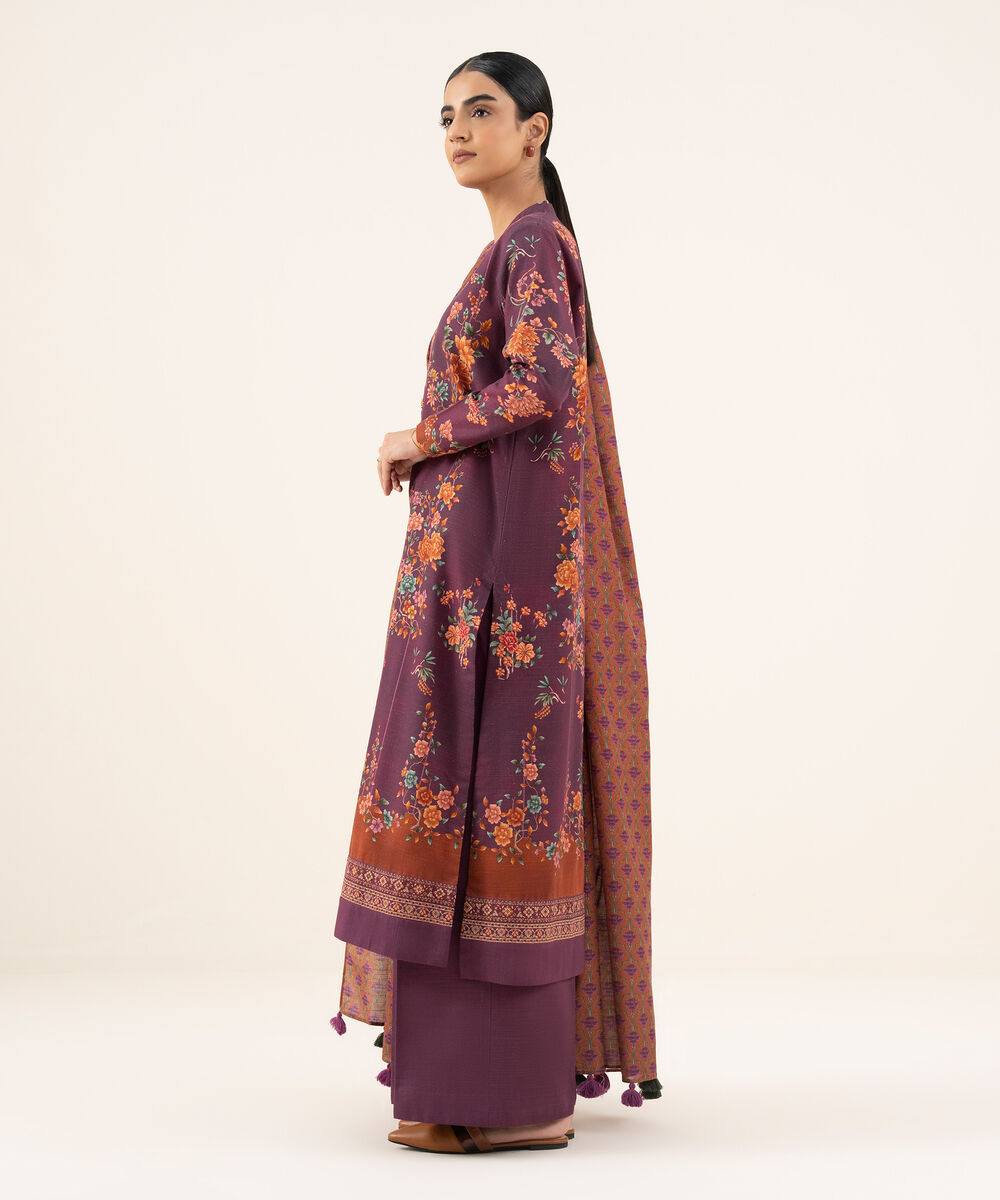 Women's Unstitched Khaddar Printed Purple 3 Piece Suit