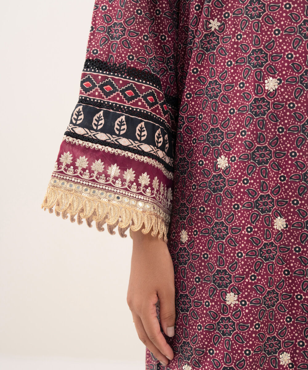 Women's RTW Textured Lawn Maroon Embroidered A-Line Shirt