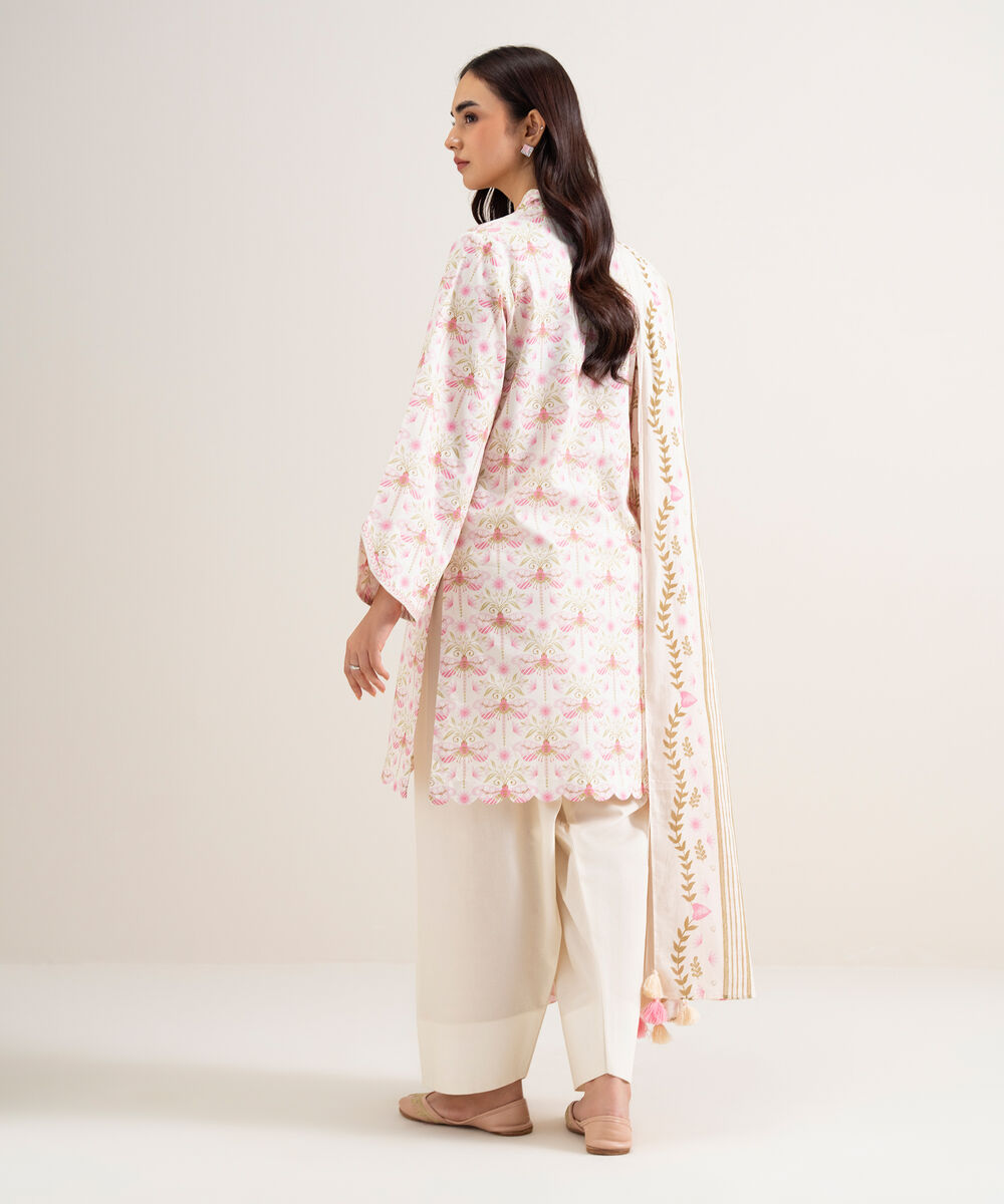 Women's Unstitched Lawn Printed Off White & Pink 3 Piece Suit