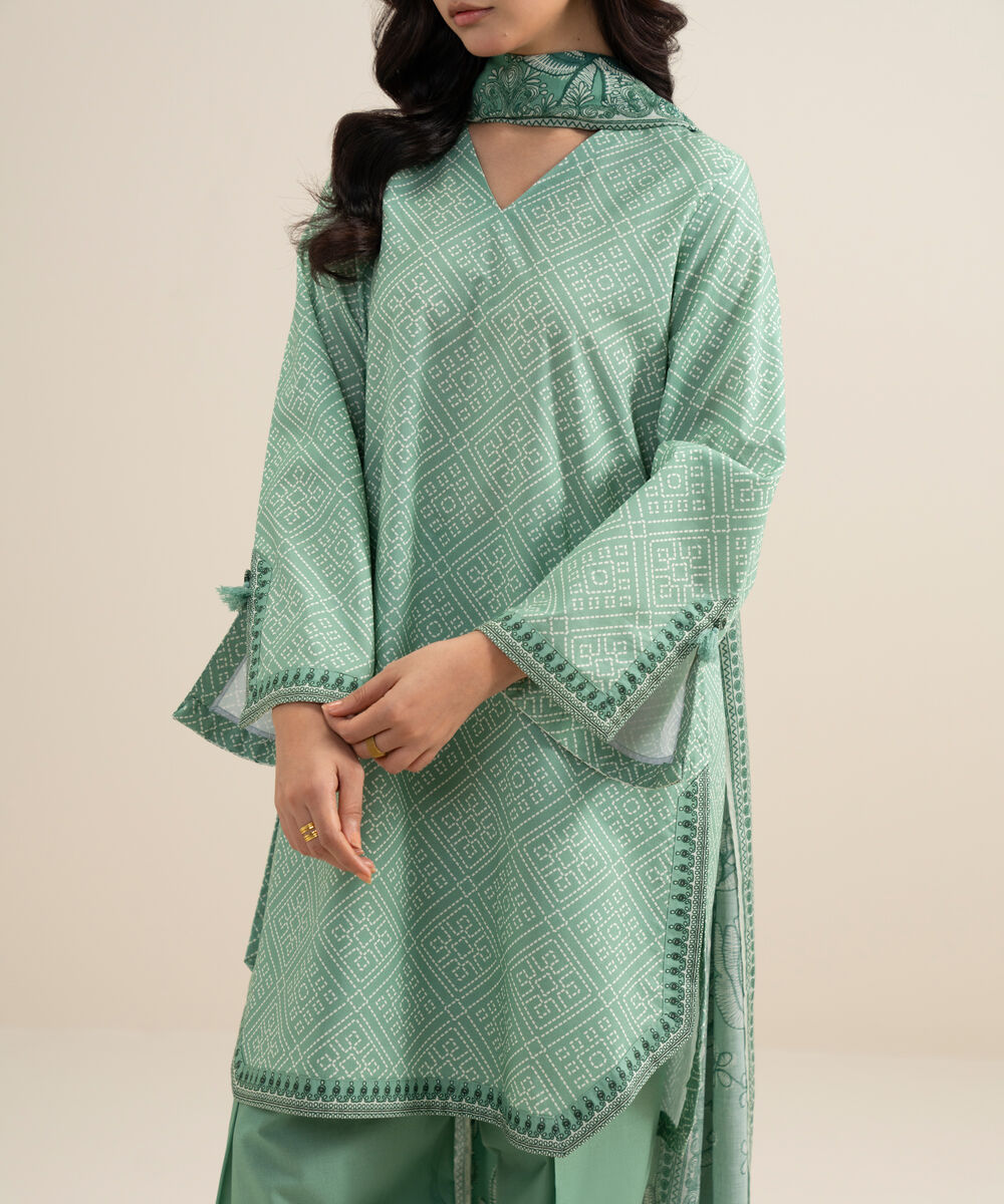 Women's Unstitched Lawn Printed Light Teal 3 Piece Suit