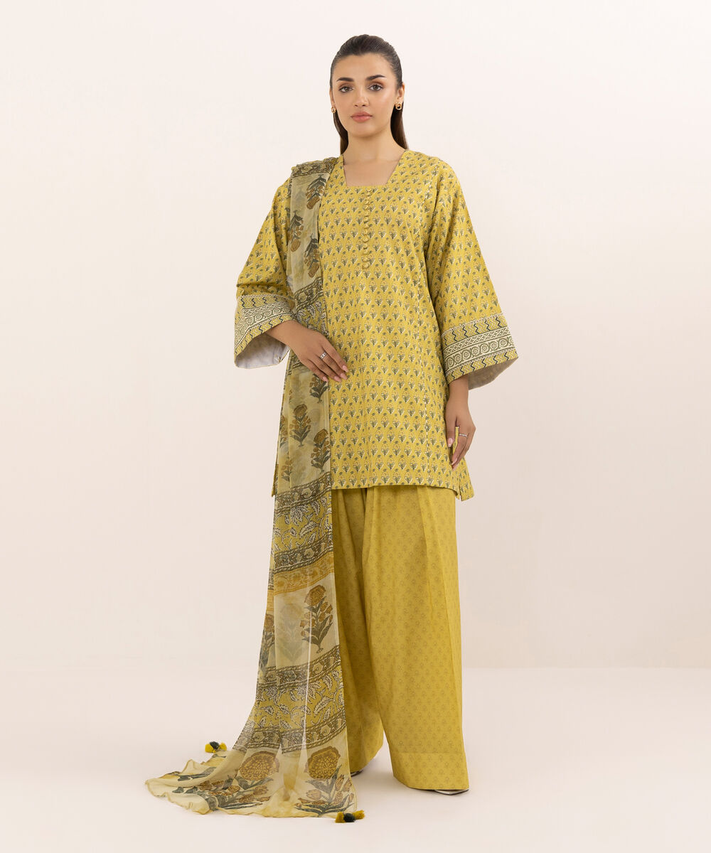 Women's Unstitched Cotton Printed Mustard Three Piece Suit