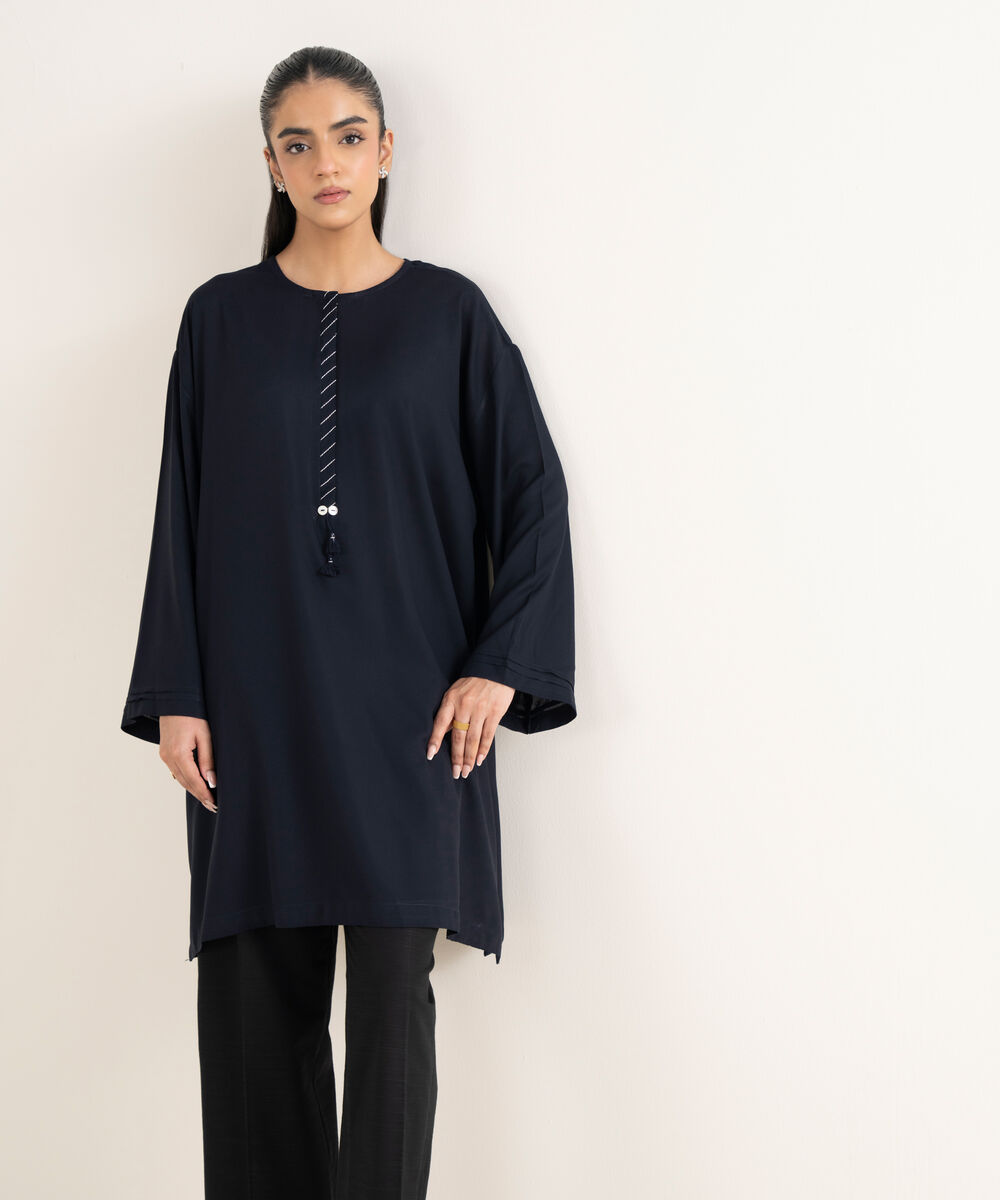 Women's RTW Cotton Viscose Solid Drop Shoulder Black Shirt