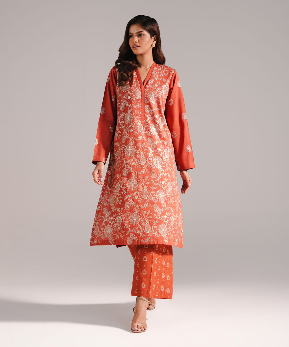 Women's RTW Dobby Embroidered Rust 2 Piece Suit