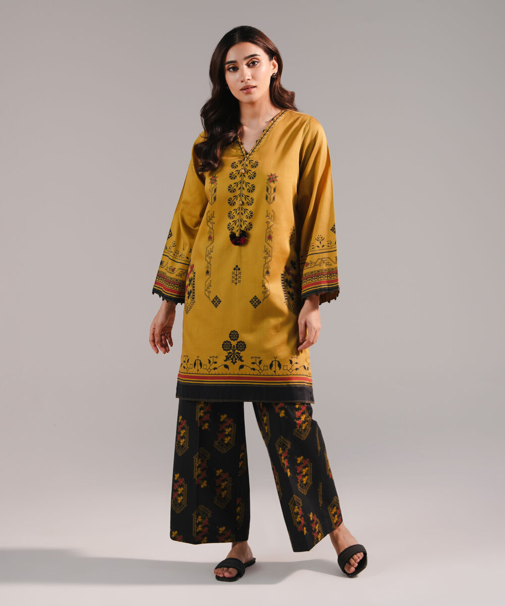 Women's RTW Cotton Satin Printed Mustard Straight Shirt