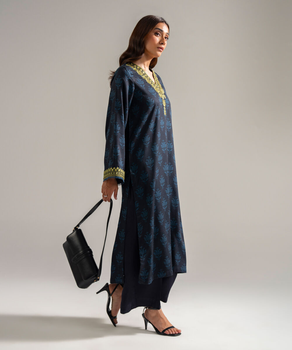 Women's RTW Self Jacquard Embroidered Black 2 Piece Suit
