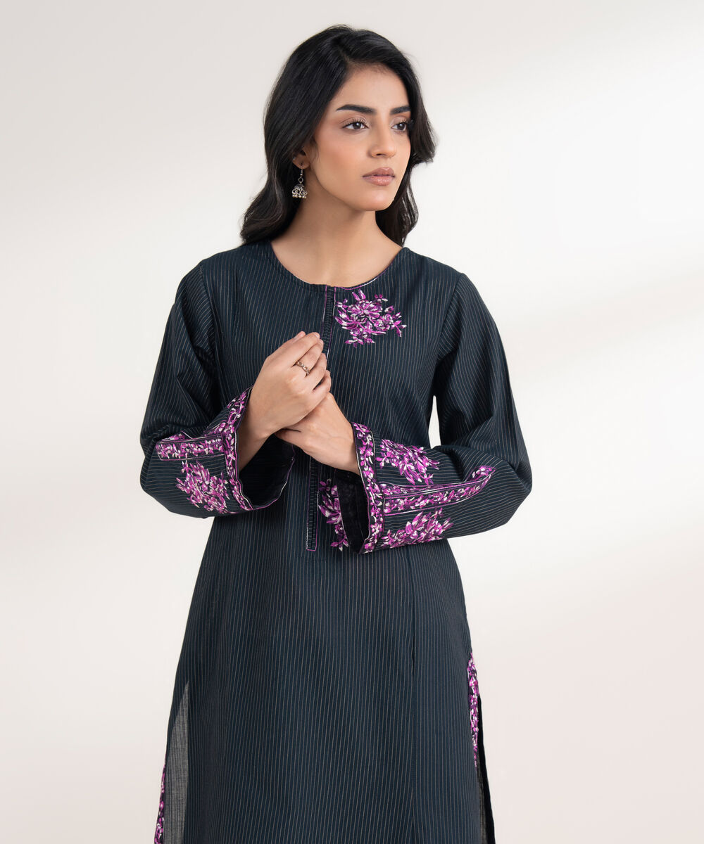 Women's RTW Light Khaddar Embroidered Black Straight Shirt