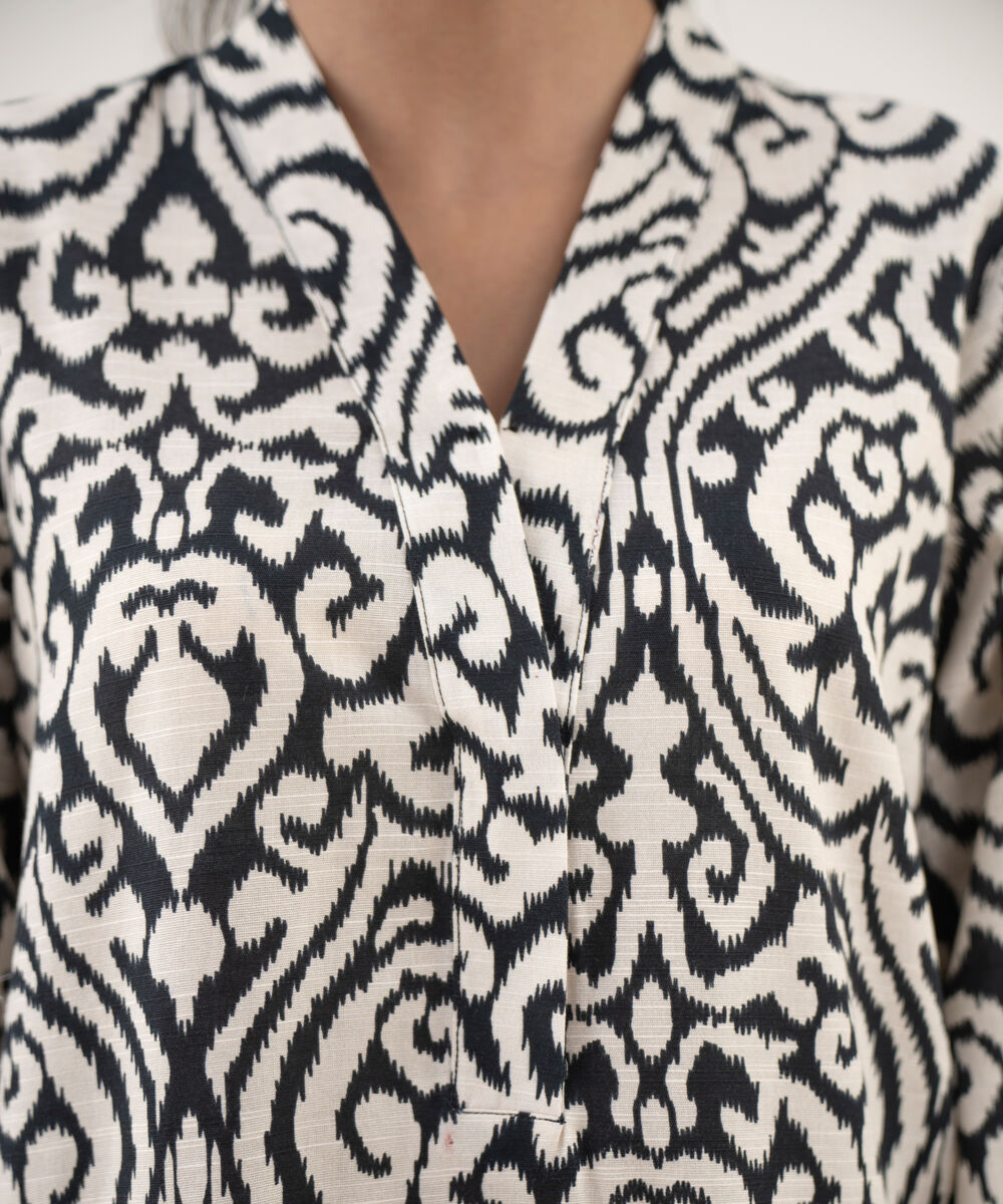 Women's RTW Khaddar Printed Straight Off White Shirt