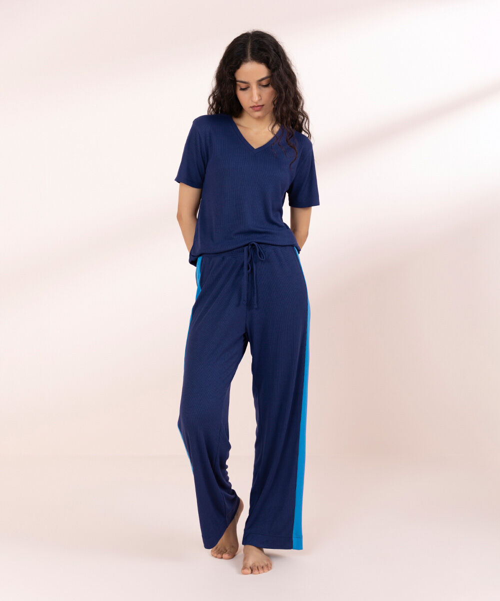 Womens Blue Sleepwear Pull On Soft Rib Trouser With Side Panels