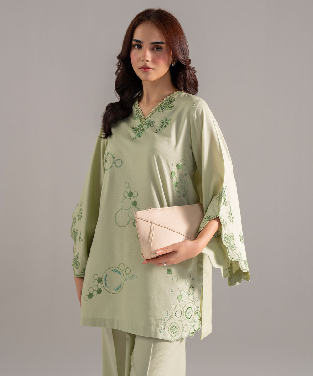 Women's RTW Dobby Solid Embroidered Green Straight Shirt