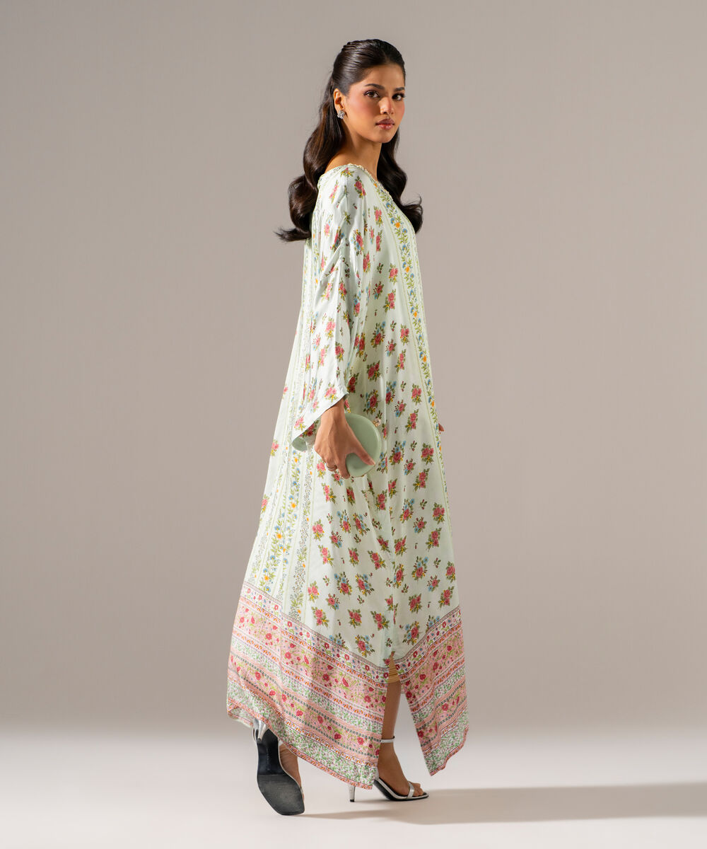 Women's RTW White Featheer Chamoz Printed Green Kaftan