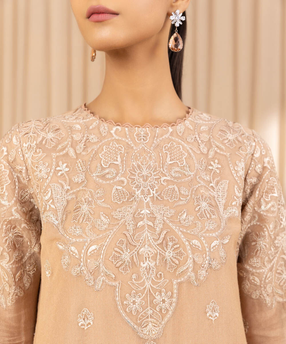 Unstitched Women's Embroidered Blended Khaddi Net Beige Three Piece Suit