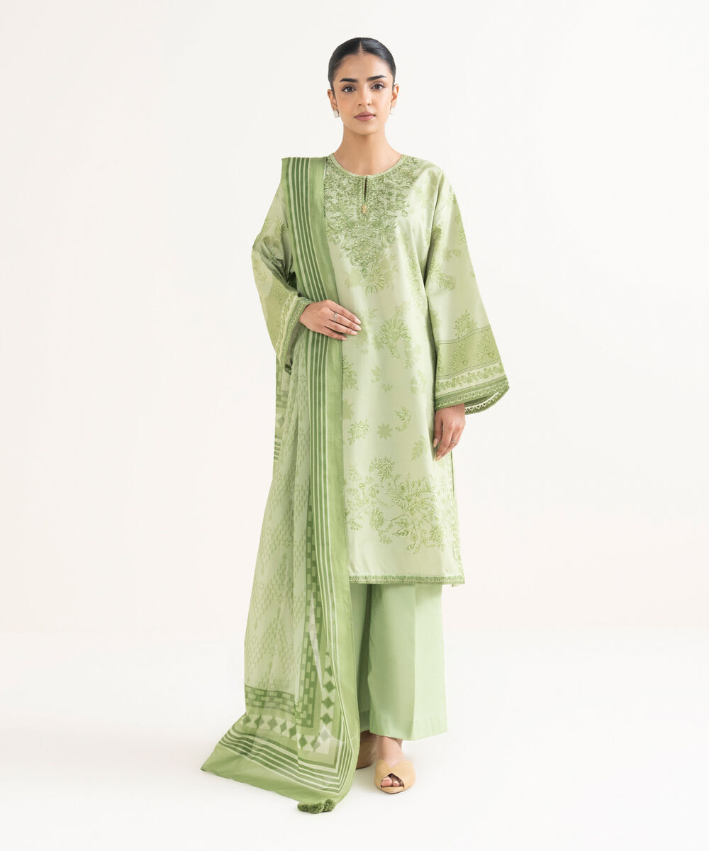 Women's Unstitched Cotton Embroidered Green 3 Piece Suit