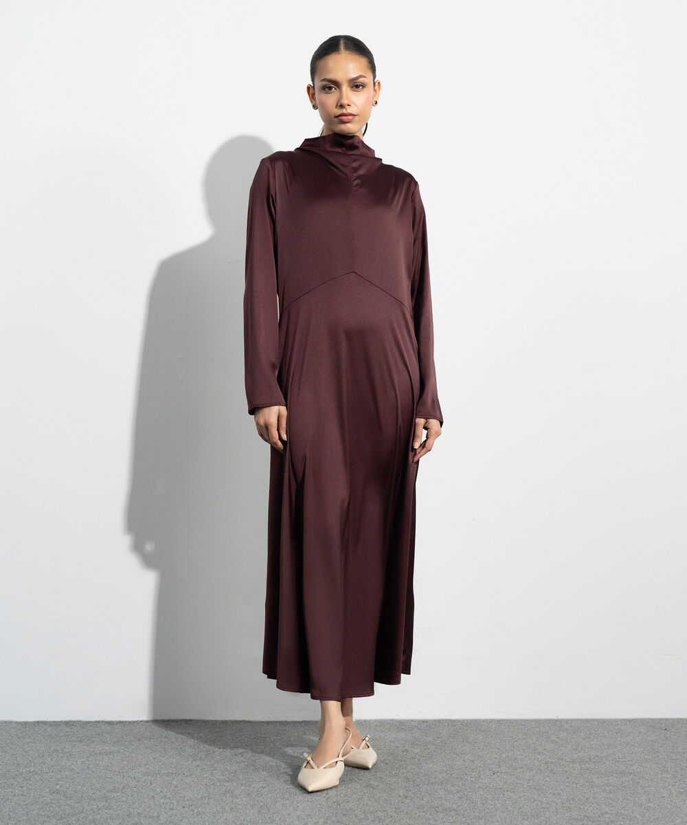 Women's Western Maroon Polka Dot Satin Dress