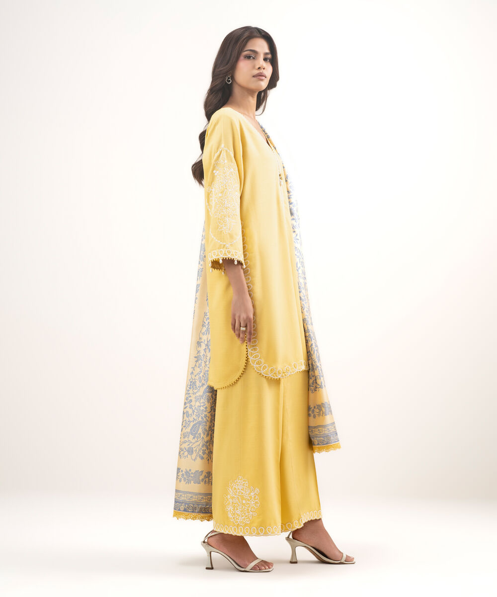 Women's RTW Cotton Viscose Embroidered Yellow 3 Piece Suit