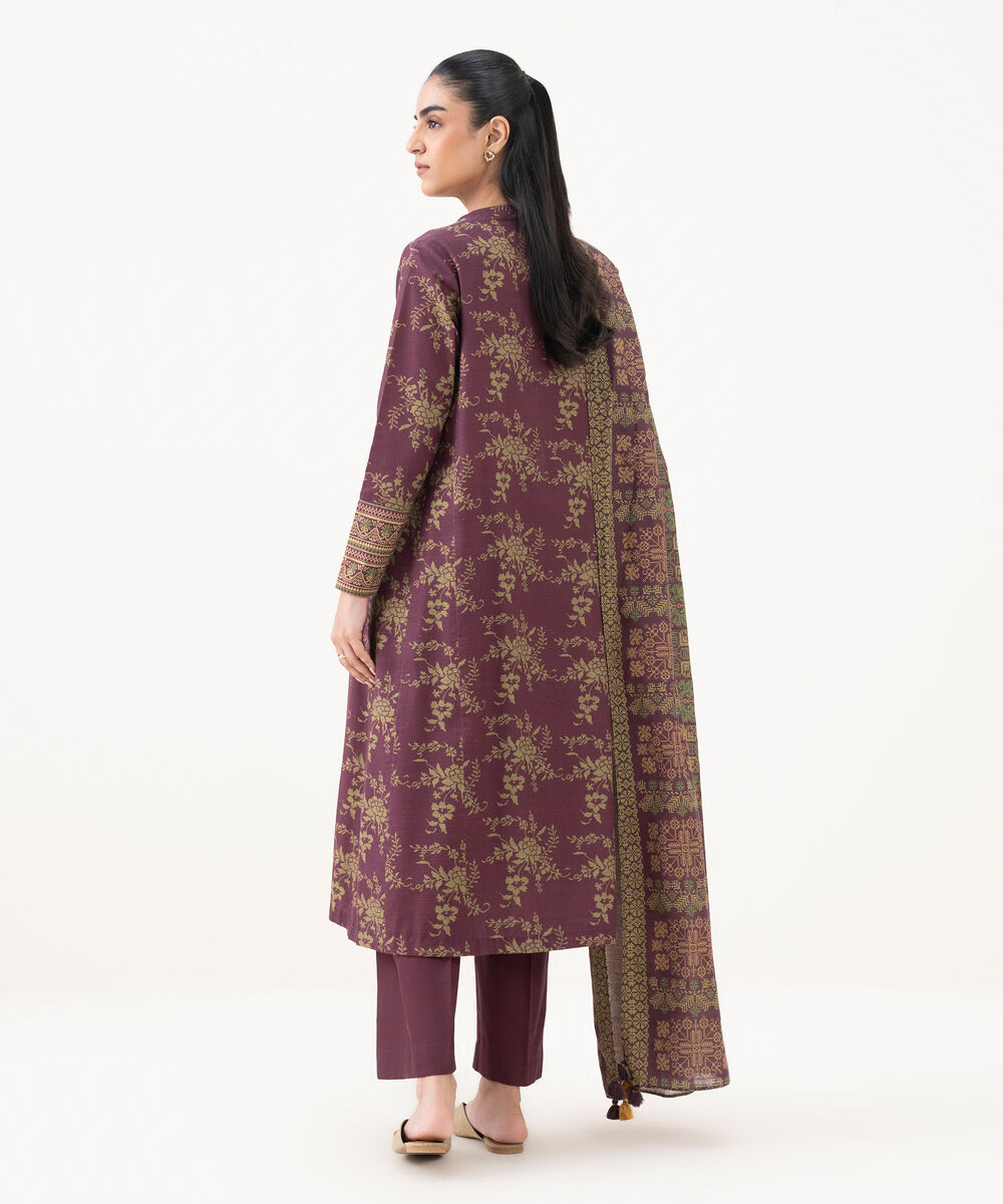 Women's Unstitched Light Khaddar Printed Red 3 Piece Suit