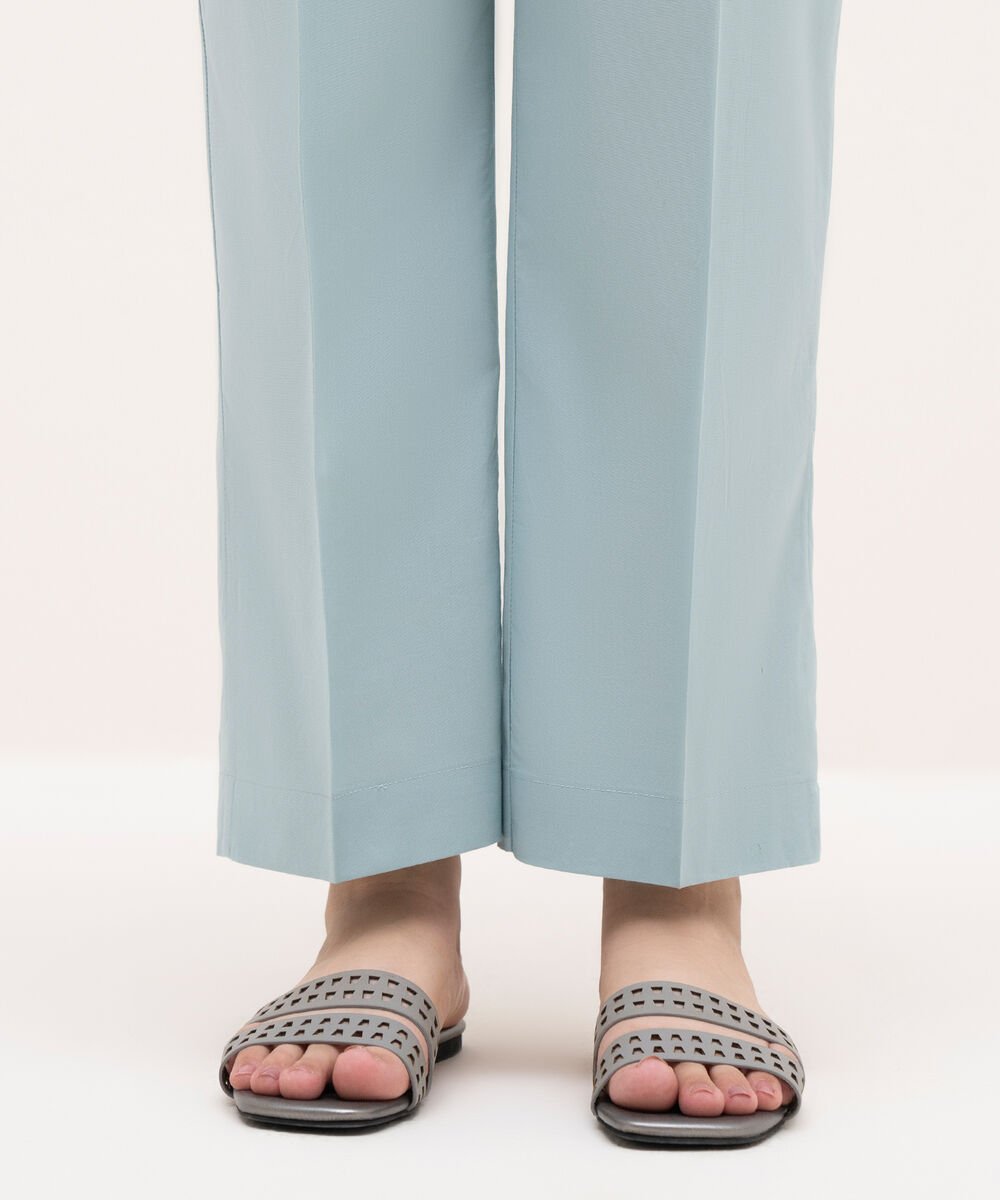 Women's RTW Cambric Blue Solid Straight Pants