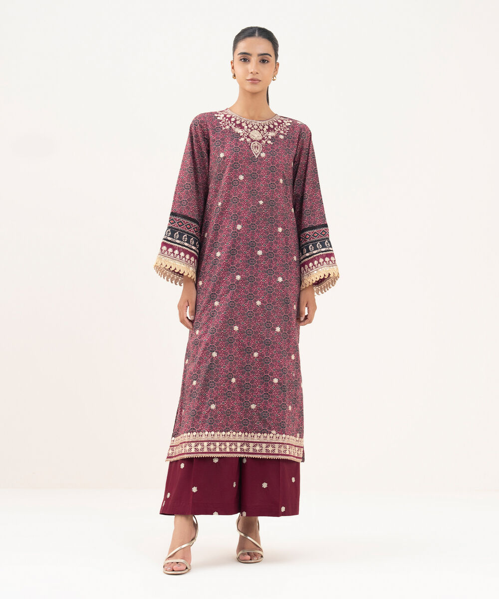 Women's RTW Textured Lawn Maroon Embroidered A-Line Shirt
