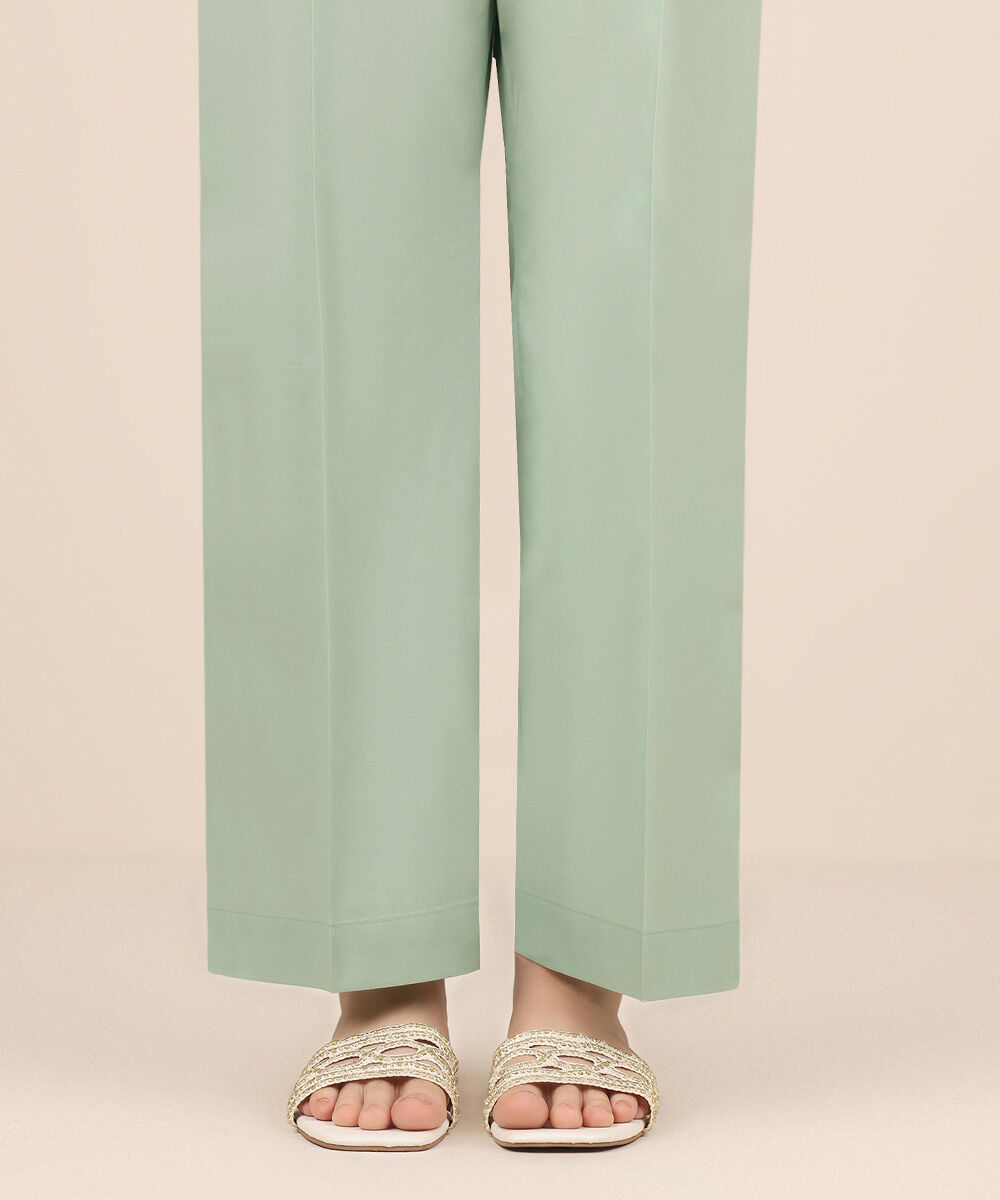 Women's RTW Cambric Green Solid Straight Pants