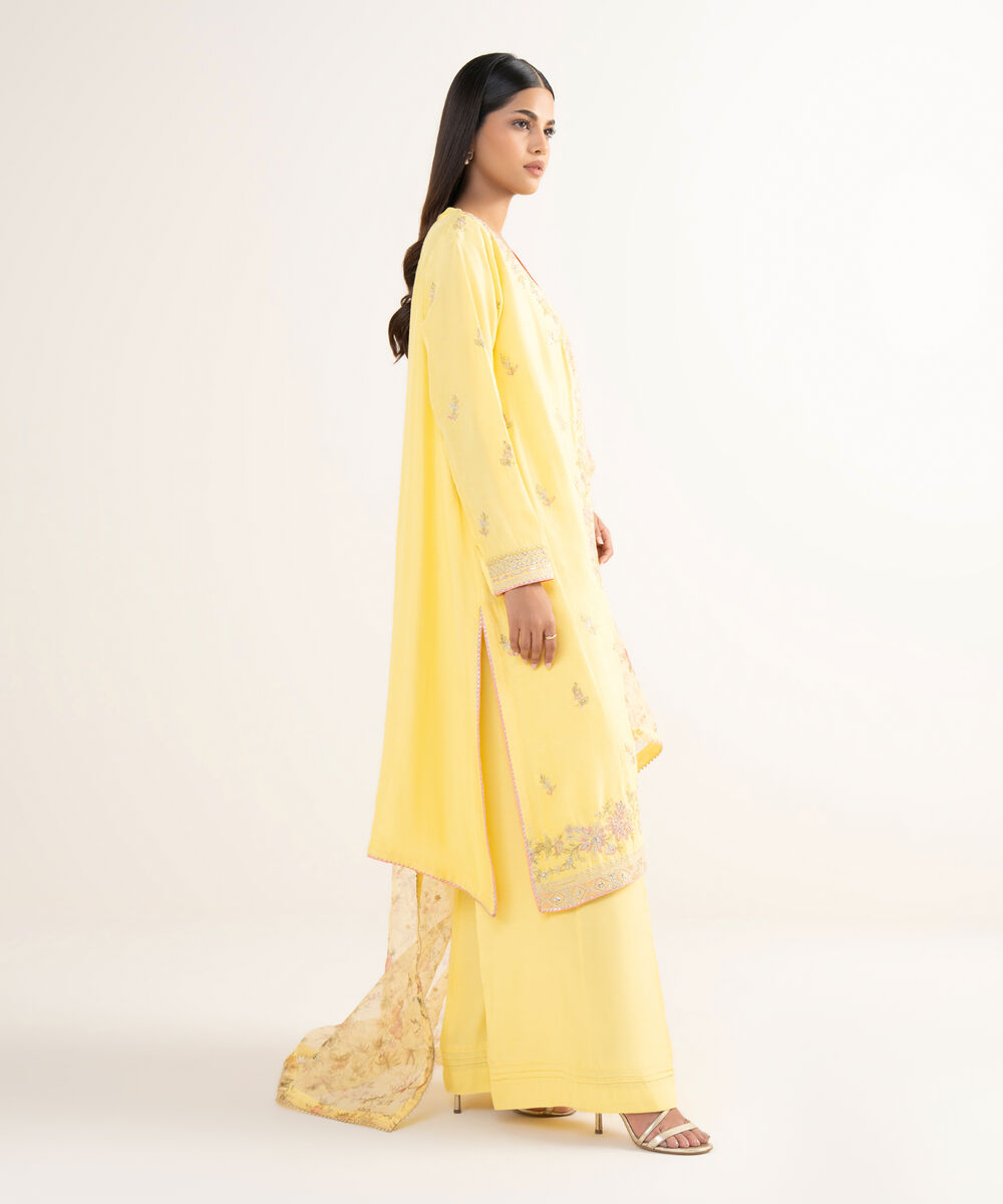 Women's RTW Raw Silk Yellow Embroidered 3 Piece Suit