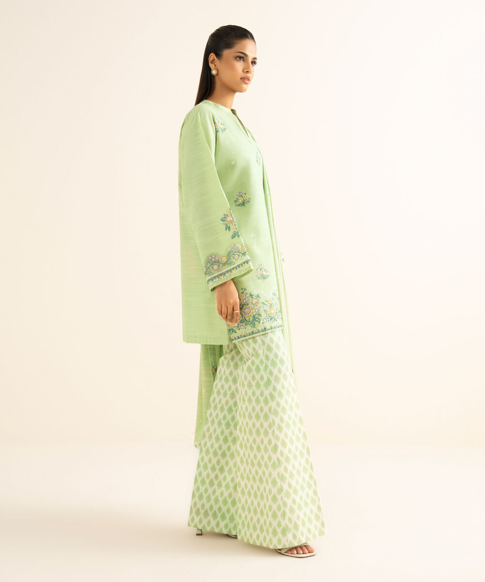 Women's Unstitched Cotton Embroidered Green 3 Piece Suit