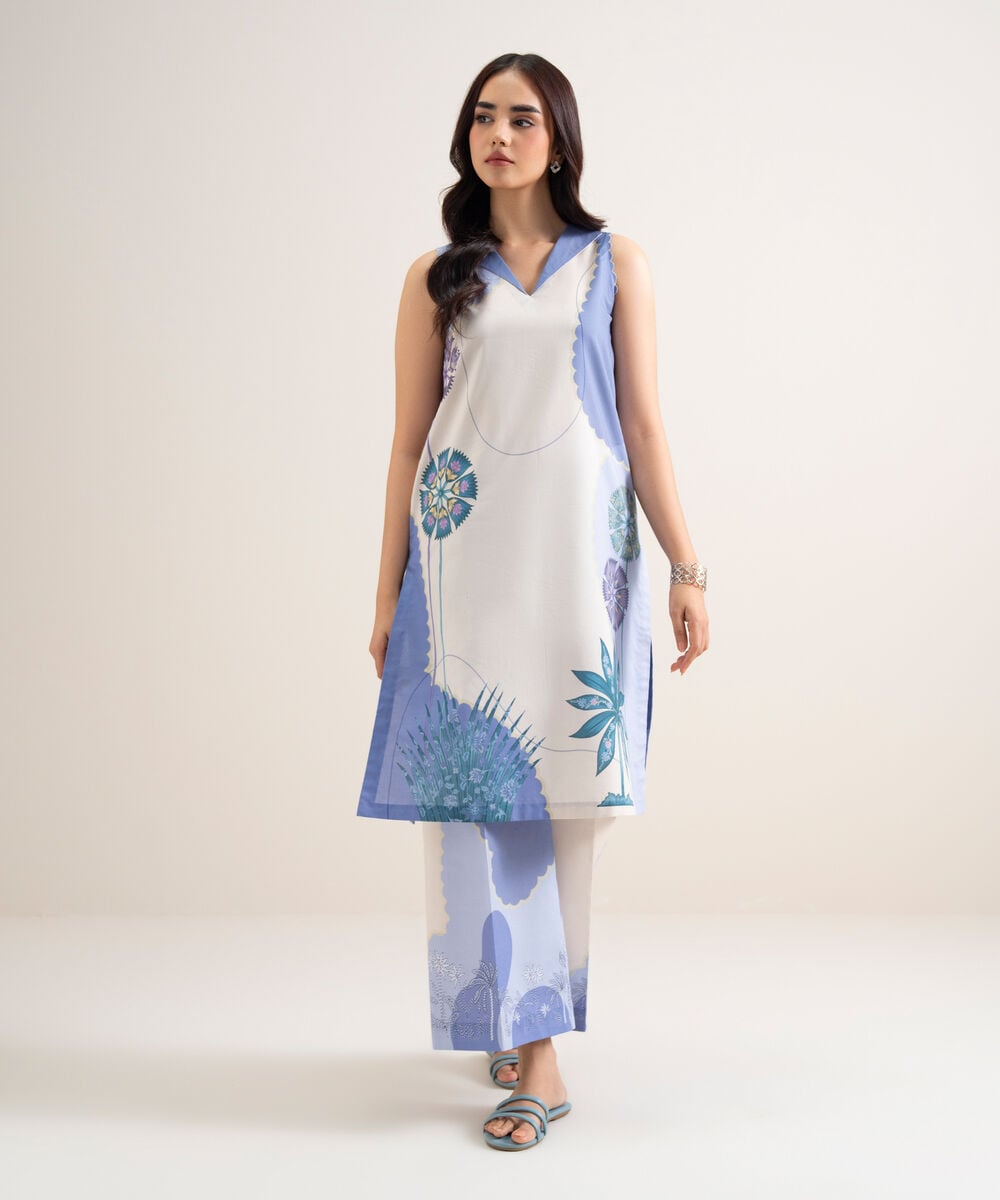 Women's Unstitched Lawn Printed Off White & Blue  2 Piece Suit