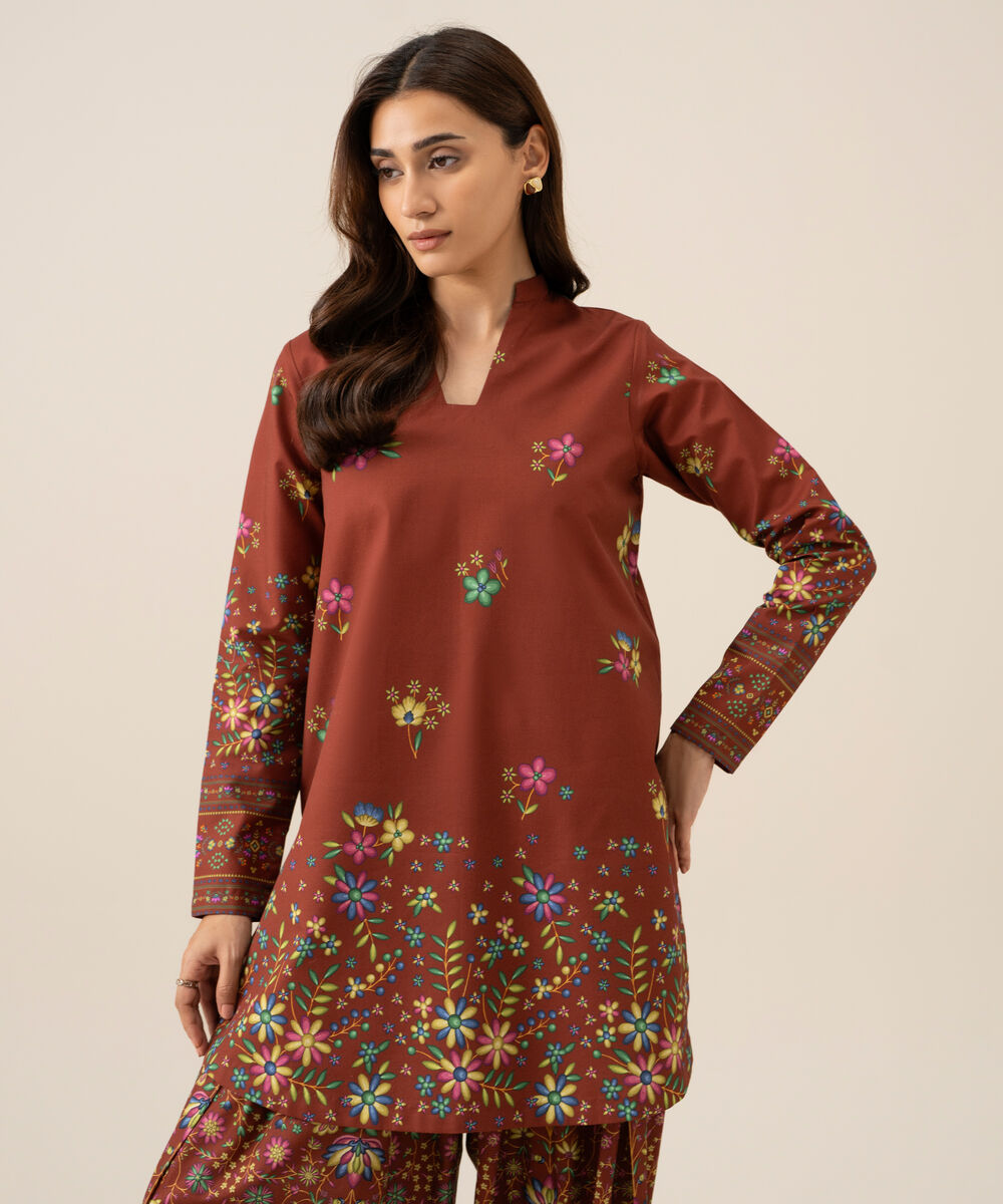 Women's Unstitched Cotton Printed Brown 2 Piece Suit