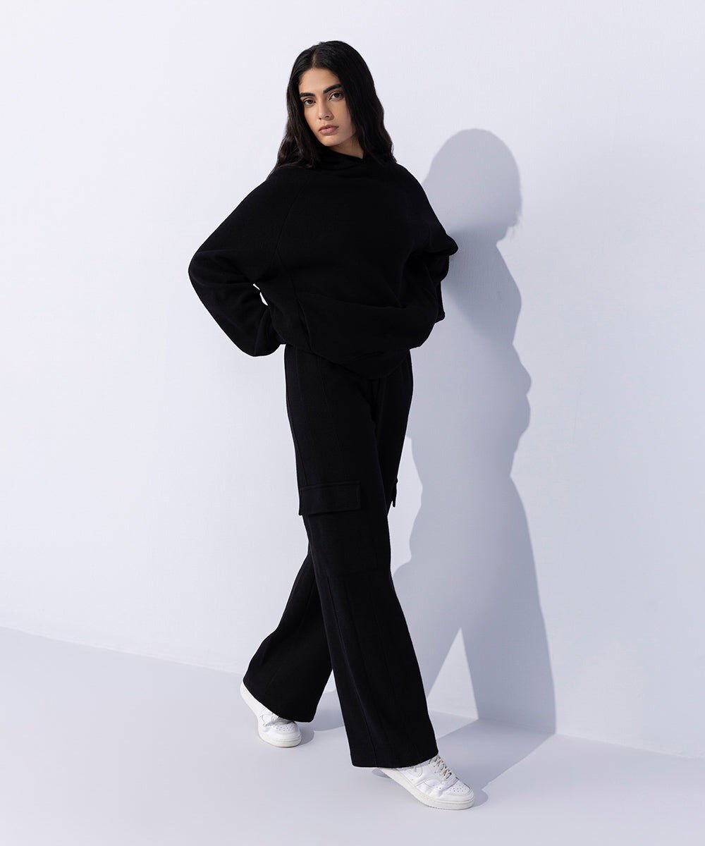 Woman - Black Raised Ribbed Cargo Joggers