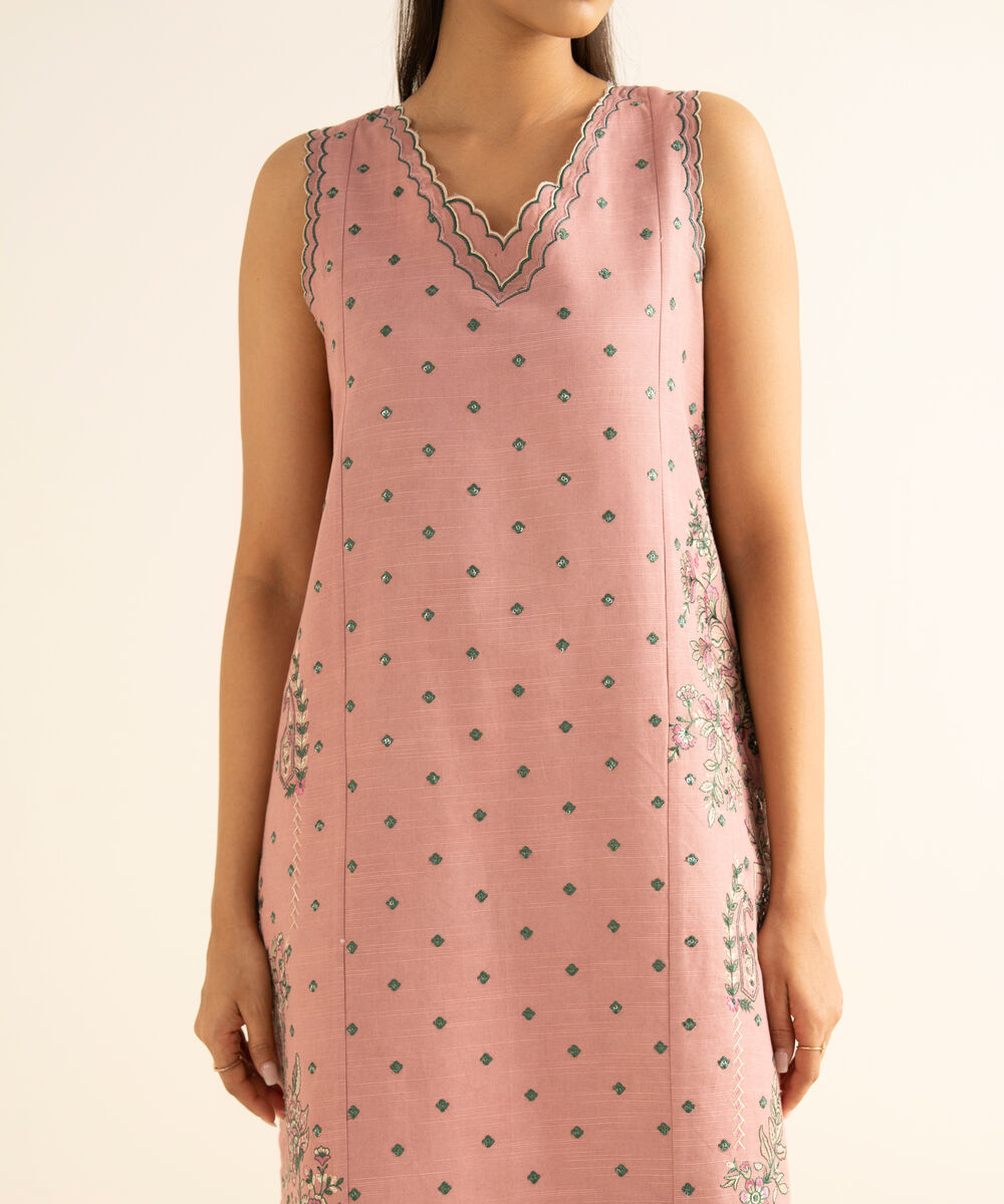 Women's Unstitched Cotton Embroidered Pink 3 Piece Suit