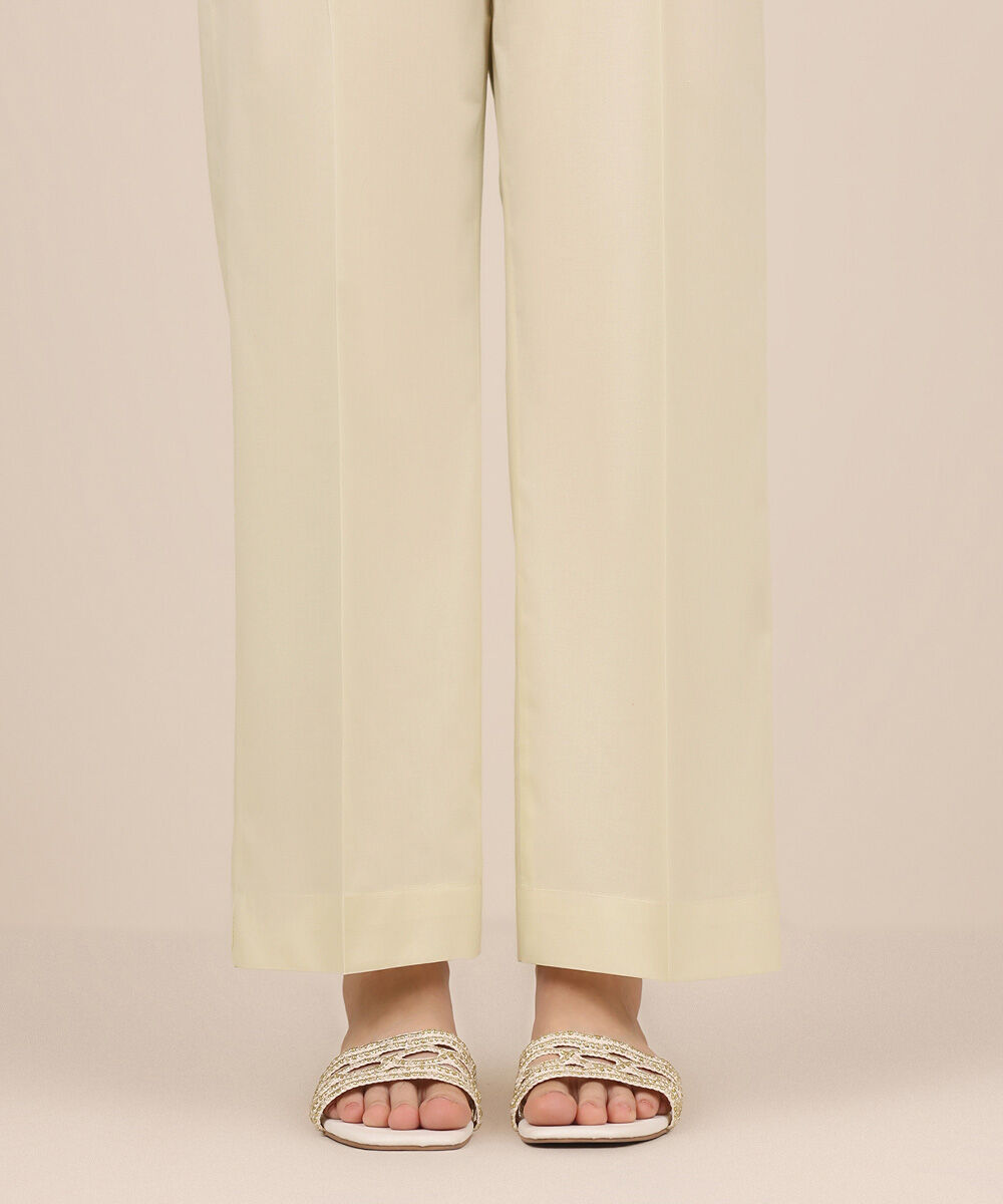 Women's RTW Cambric Off White Solid Straight Pants