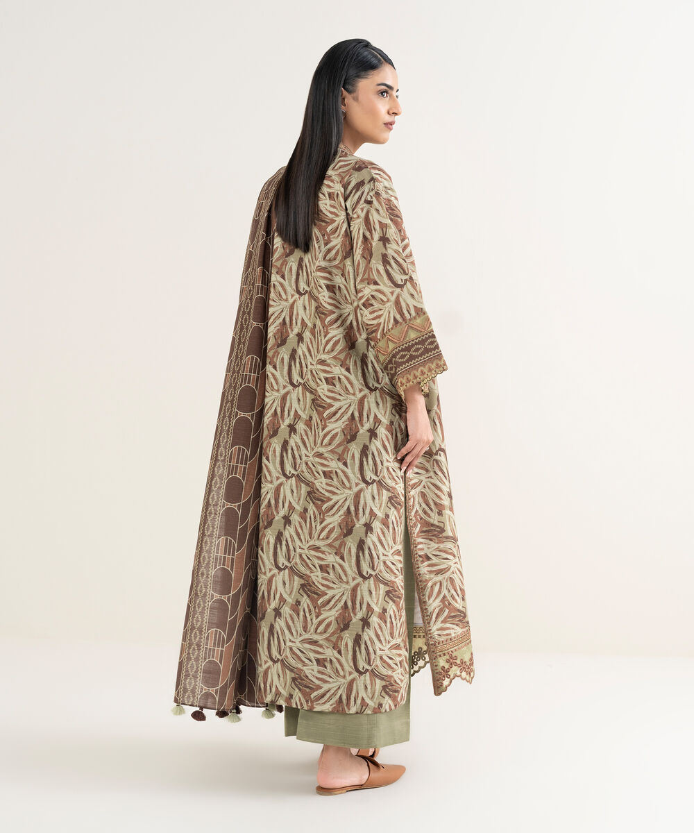 Women's Unstitched Printed Khaddar Brown and Beige 3 Piece Suit