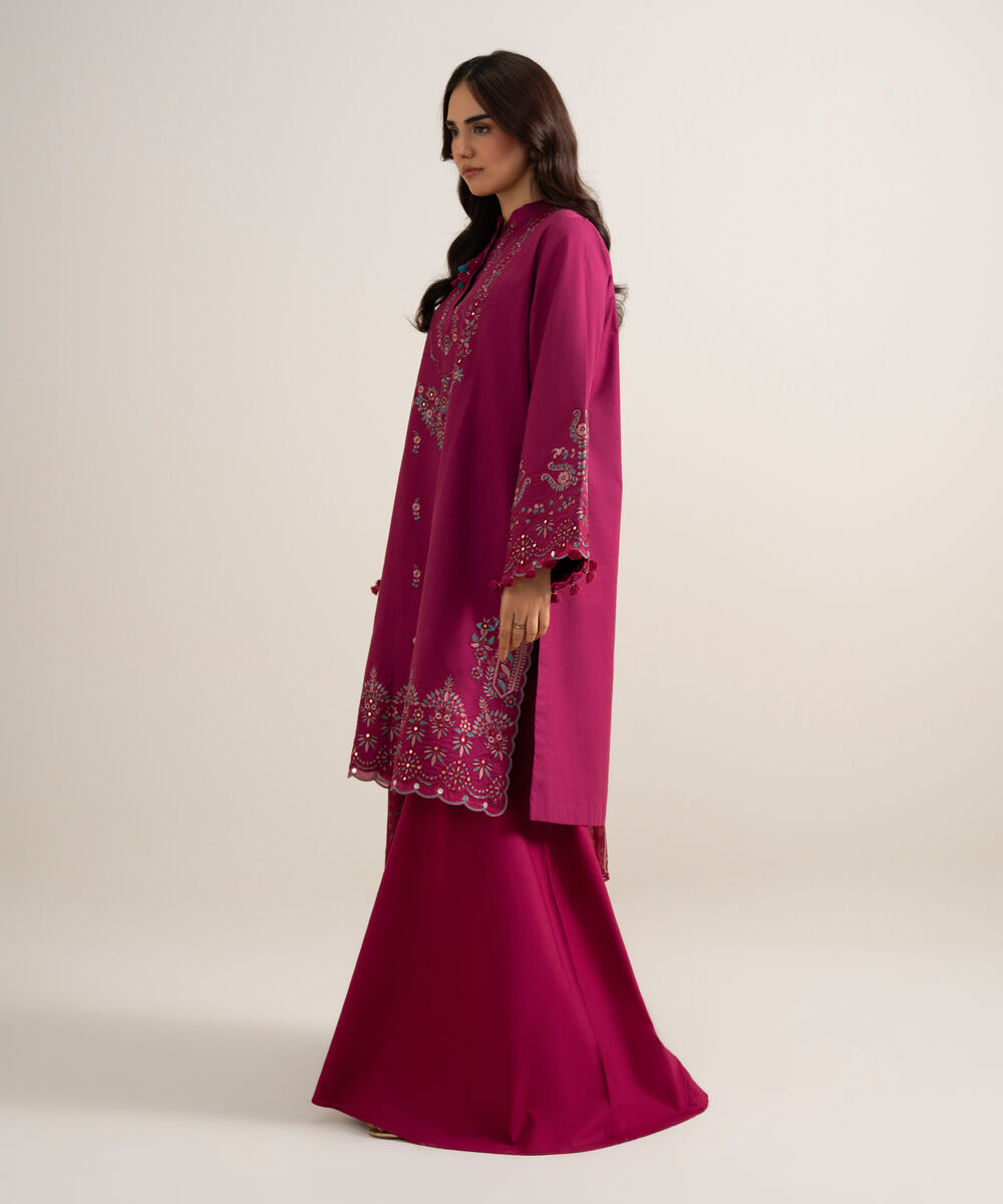 Women's Unstitched Embroidered Cotton Viscose Plum 3 Piece Suit
